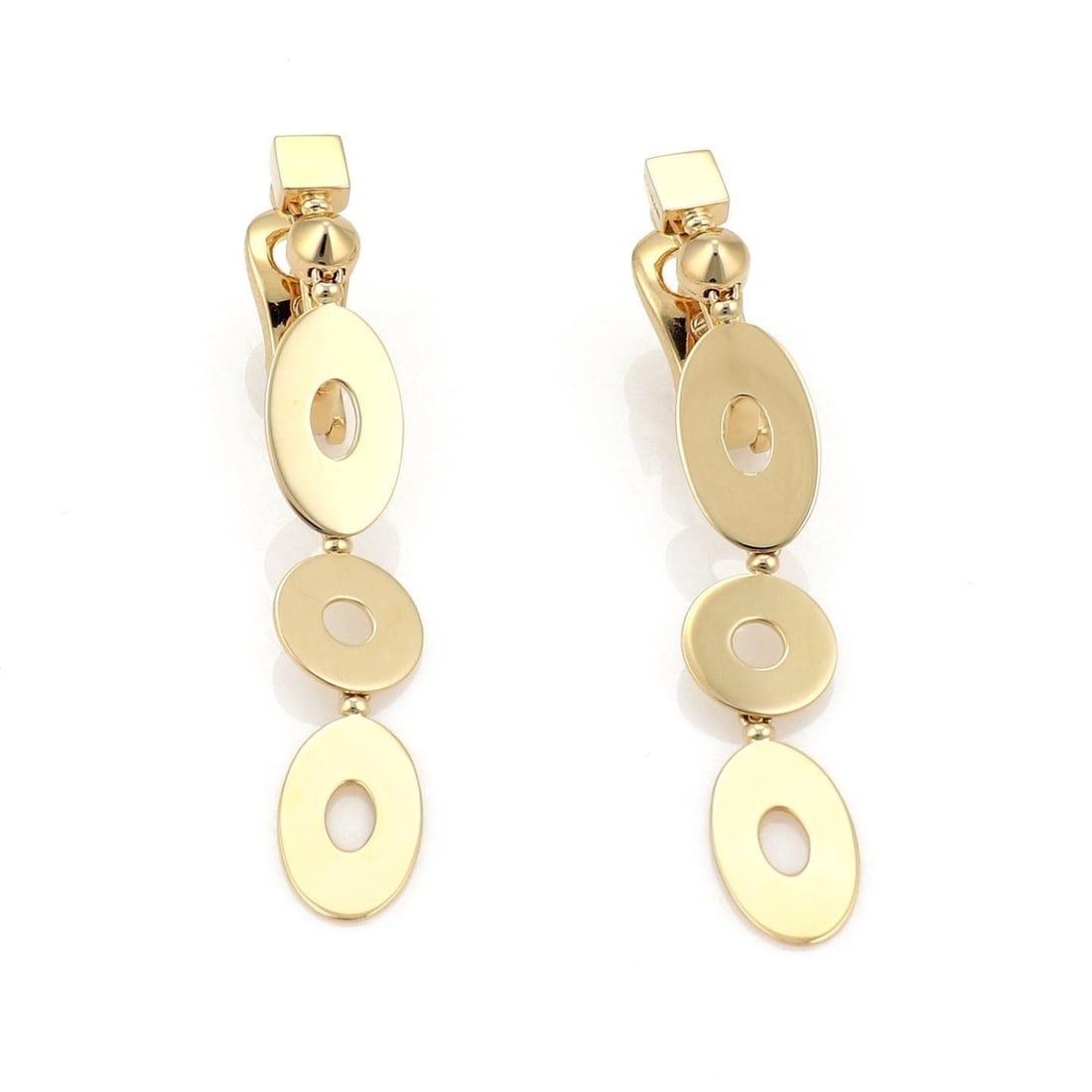 Lucea Dangle Earrings in 18k Yellow Gold by Bvlgari Featuring Oval and Round Discs: Lucea Dangle Earrings in 18k Yellow Gold by Bvlgari Featuring Oval and Round Discs These Bvlgari Lucea dangle earrings are crafted in Italy from 18k yellow gold and feature a sophisticated design with