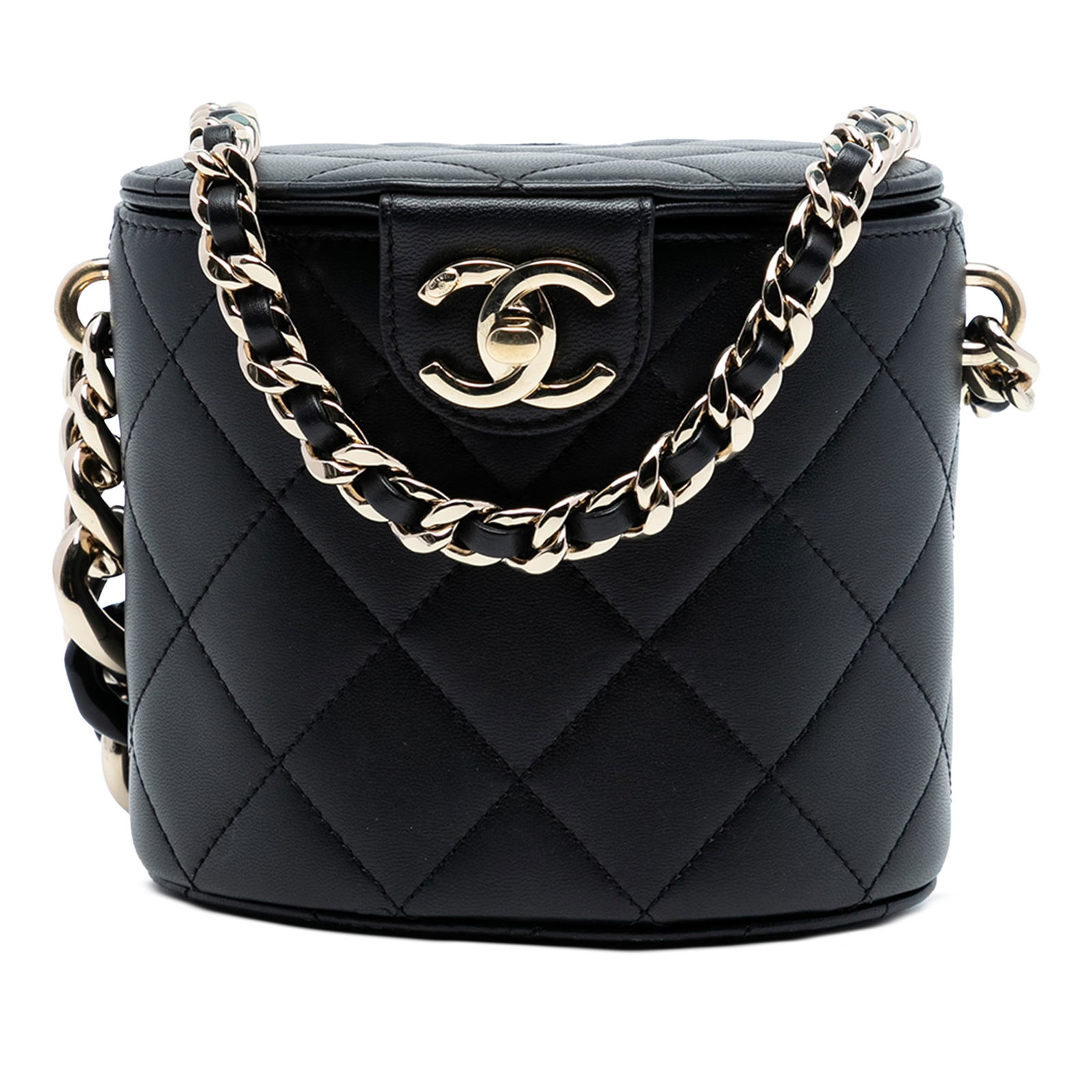 Chanel Mini Lambskin Quilted Black Chain Vanity Crossbody Bag: Chanel Mini Lambskin Quilted Black Chain Vanity Crossbody Bag This Chanel Mini Quilted Lambskin Elegant Chain Vanity Case is crafted from quilted lambskin leather in black and features a leather-woven