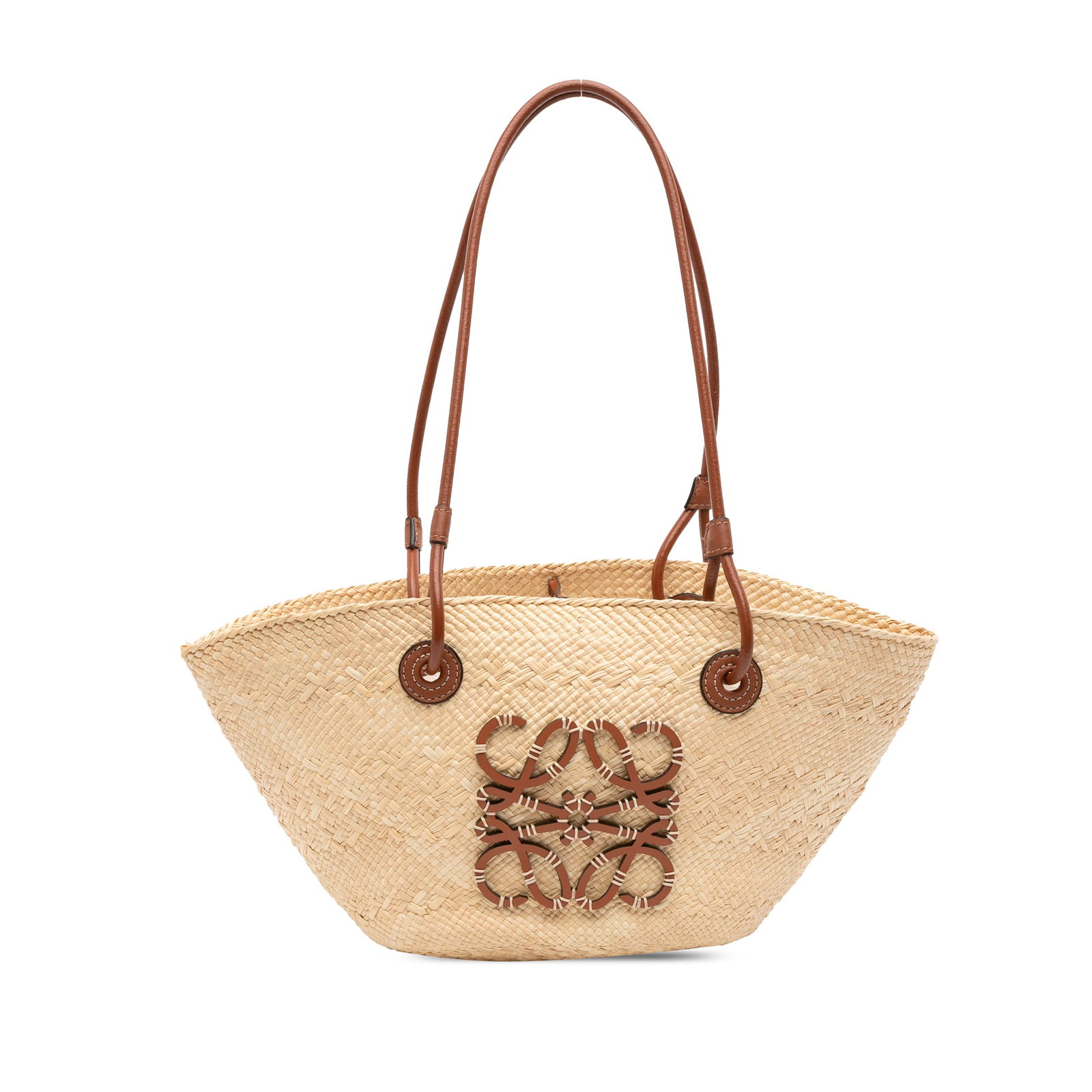 LOEWE Paulas Ibiza Raffia Tote Bag Brown with Leather Straps: LOEWE Paulas Ibiza Raffia Tote Bag Brown with Leather Straps Discover the exquisite LOEWE Paulas Ibiza Small Anagram Raffia Tote, an elegant accessory crafted from natural raffia material. This stylis
