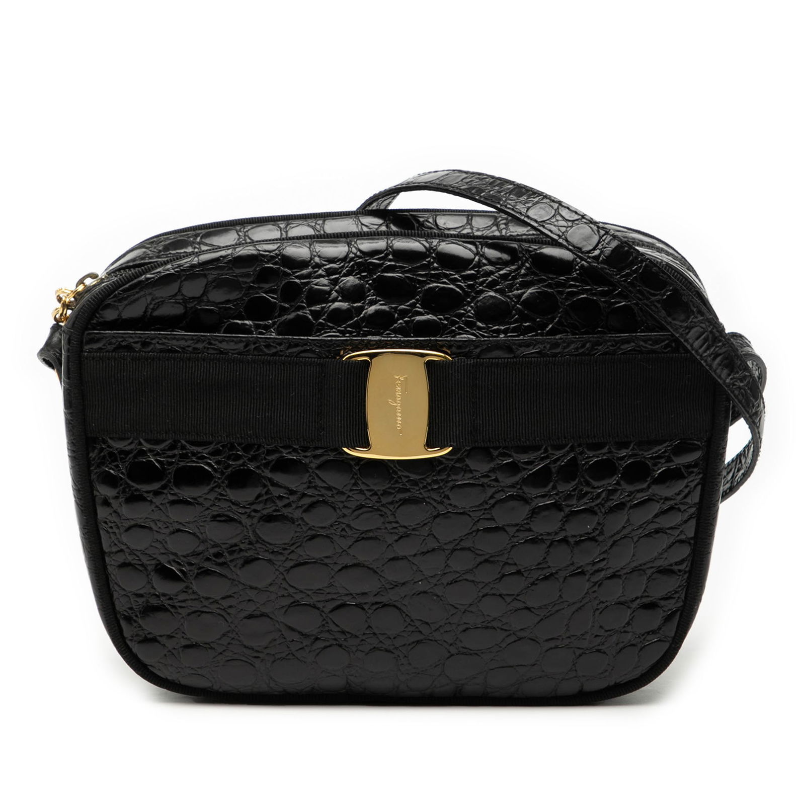 Vara Black Croc Embossed Leather Crossbody Bag by Ferragamo: Vara Black Croc Embossed Leather Crossbody Bag by Ferragamo This Ferragamo Croc Embossed Calfskin Vara Crossbody bag features a black embossed leather body, an adjustable flat leather shoulder strap,