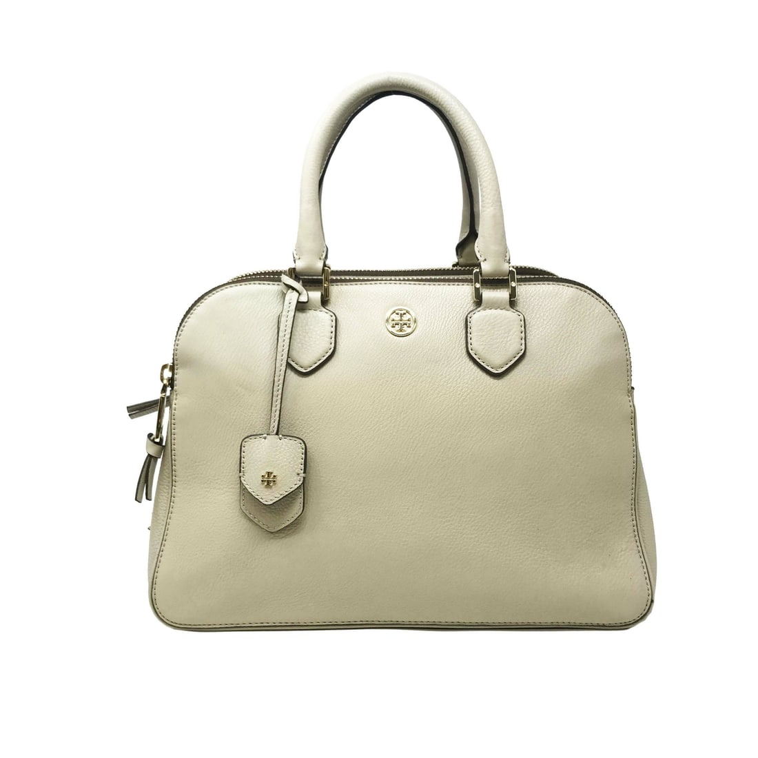 Tory Burch Robinson Pebbled Triple-Zip Satchel Dark Cream Leather Bag: Tory Burch Robinson Pebbled Triple-Zip Satchel Dark Cream Leather Bag Elevate your style with this Tory Burch Robinson Pebbled Triple-Zip Satchel. This exquisite handbag features a chic dark cream lea