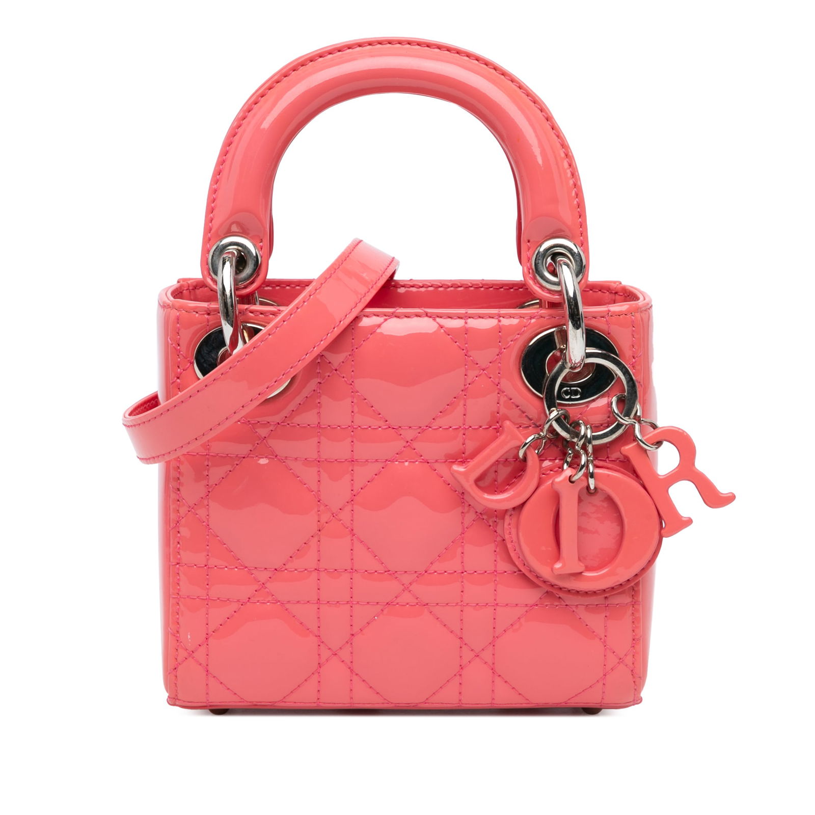 Dior Micro Patent Cannage Lady Dior Pink Leather Handbag: Dior Micro Patent Cannage Lady Dior Pink Leather Handbag The Micro Patent Cannage Lady Dior is a stylish handbag crafted from quilted patent leather in a charming pink hue. This exquisite bag features