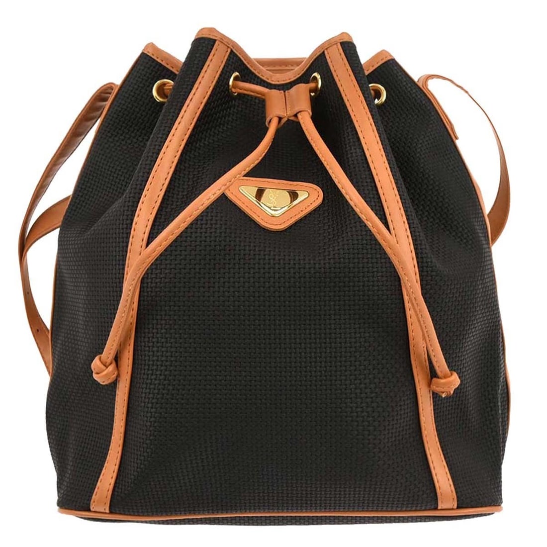 Saint Laurent Canvas and Leather Medium Black Shoulder Bag with Logo Accent: Saint Laurent Canvas and Leather Medium Black Shoulder Bag with Logo Accent This Yves Saint Laurent shoulder bag features a black canvas and leather exterior with the iconic logo accent. Designed in a