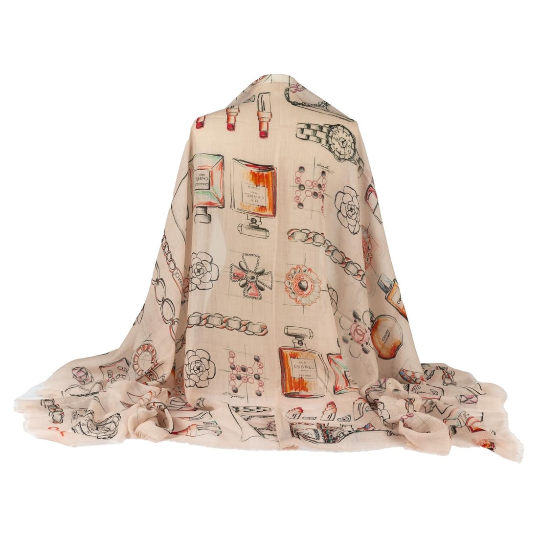Chanel Beige Cashmere Shawl with Black Drawings Made in Italy: Chanel Beige Cashmere Shawl with Black Drawings Made in Italy Introducing a luxurious Chanel cashmere shawl, exquisitely crafted in Italy. This stunning shawl features a unique design with beige fabri