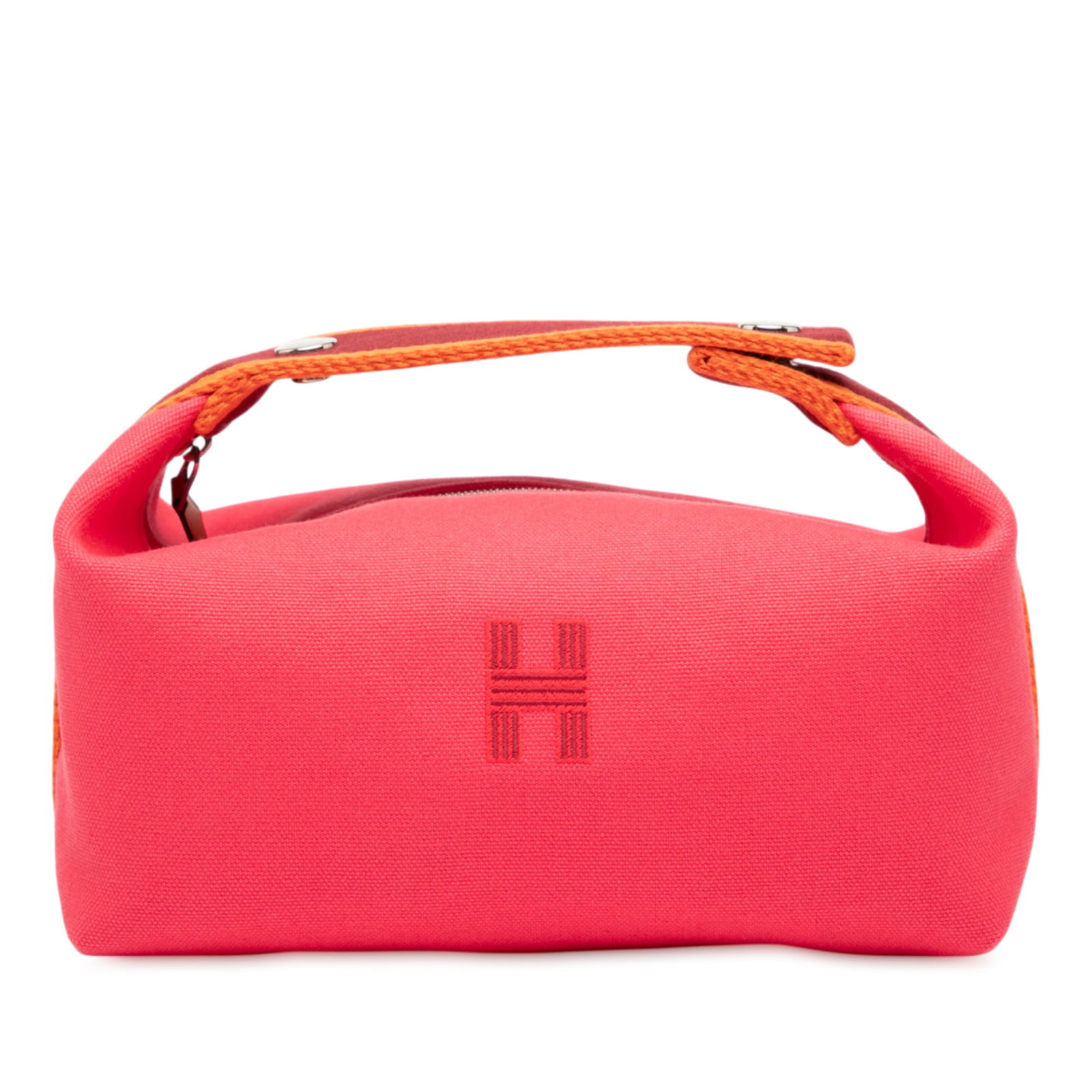 Hermes Small Toile Bride-A-Brac Pink Fabric Bag: Hermes Small Toile Bride-A-Brac Pink Fabric Bag Introducing the Hermes Small Toile Bride A Brac Case, a stylish and functional accessory crafted from premium pink canvas. This bag features a flat hand