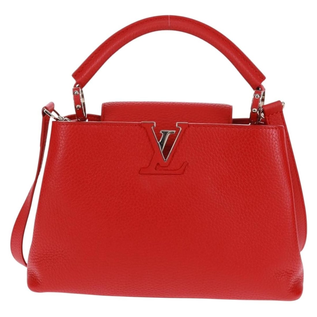 Red Leather Louis Vuitton Capucines PM Handbag 27cm: Red Leather Louis Vuitton Capucines PM Handbag 27cm This pre-owned Louis Vuitton Capucines PM handbag in red leather combines elegant design with practical dimensions, suitable for female users. It is
