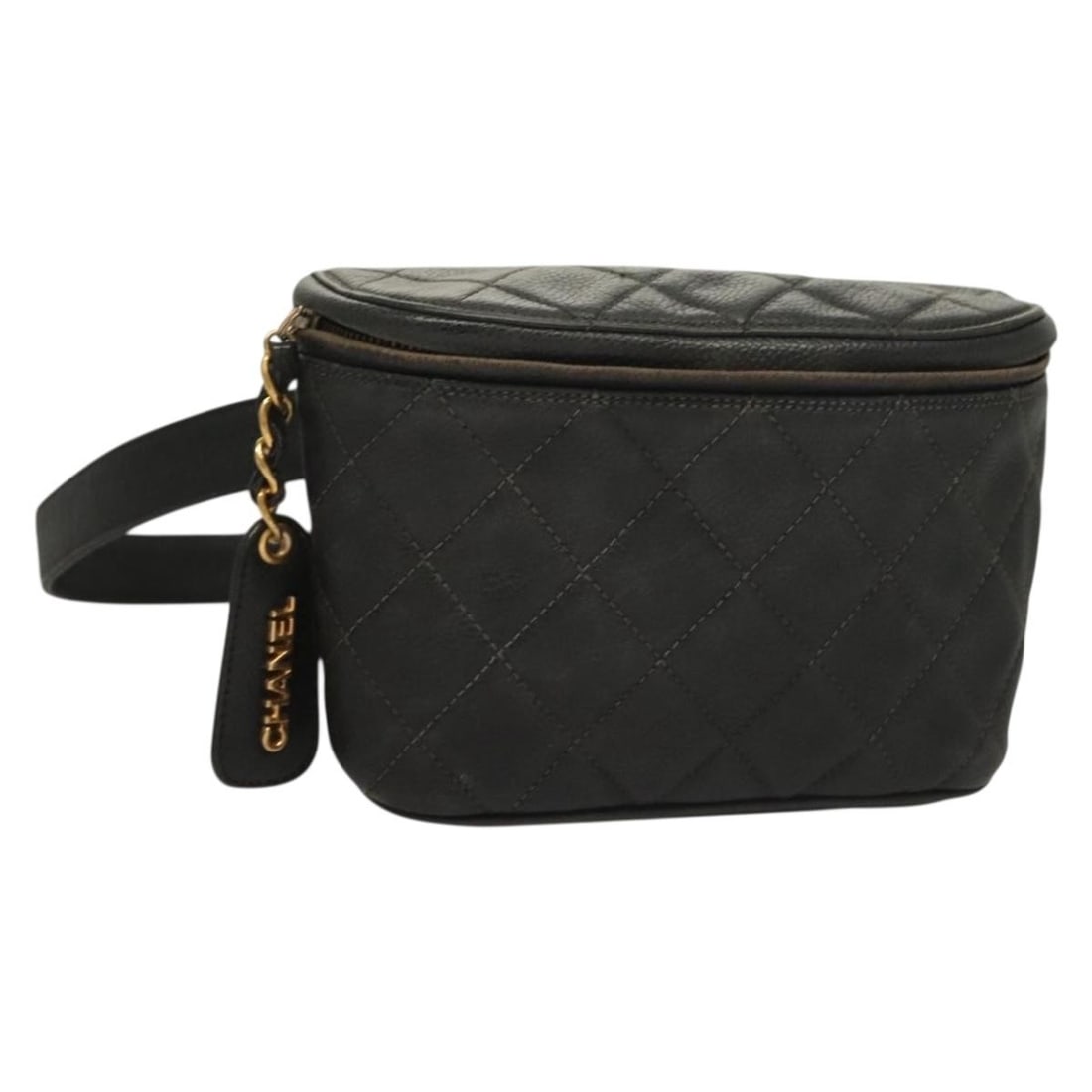 Chanel Black Quilted Leather CC Charm Belt Bag: Chanel Black Quilted Leather CC Charm Belt Bag This Chanel CC Charm Belt Bag features a classic quilted caviar leather design in black. Designed for women, it offers a compact and stylish accessory op