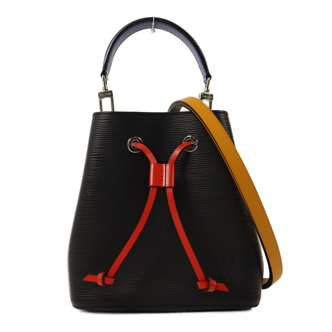 Neonoe BB Black Epi Calfskin 2way Shoulder Bag with Silver Hardware: Neonoe BB Black Epi Calfskin 2way Shoulder Bag with Silver Hardware This Louis Vuitton Neonoe BB 2-way shoulder bag features a sleek design in black with red and blue accents. Crafted from durable cal