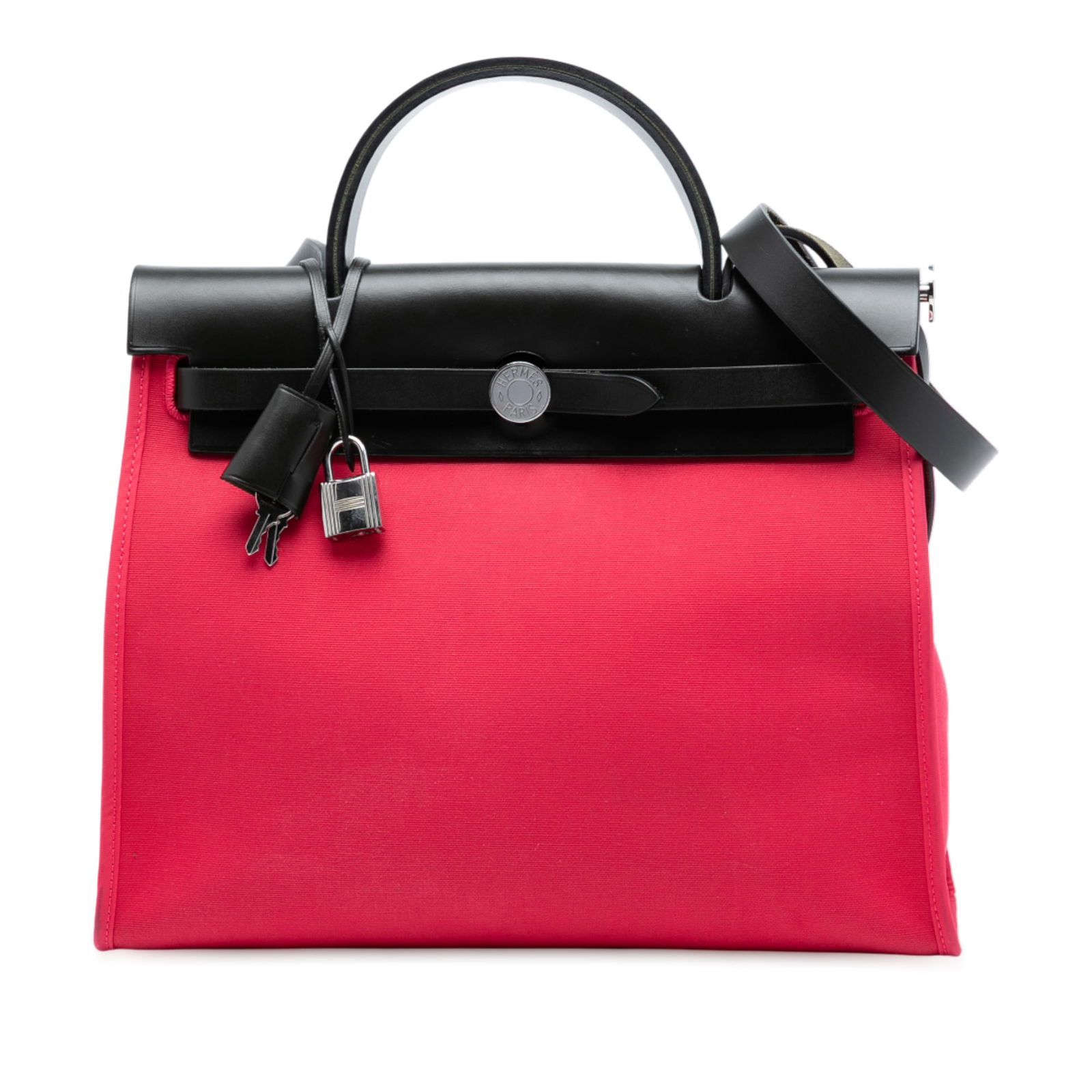 Herbag Zip 31 Pink Canvas and Leather Shoulder Bag by Hermes: Herbag Zip 31 Pink Canvas and Leather Shoulder Bag by Hermes This Hermes Toile Herbag Zip 31 features a pink canvas body with leather trim, a flat leather top handle, and a flat leather shoulder strap