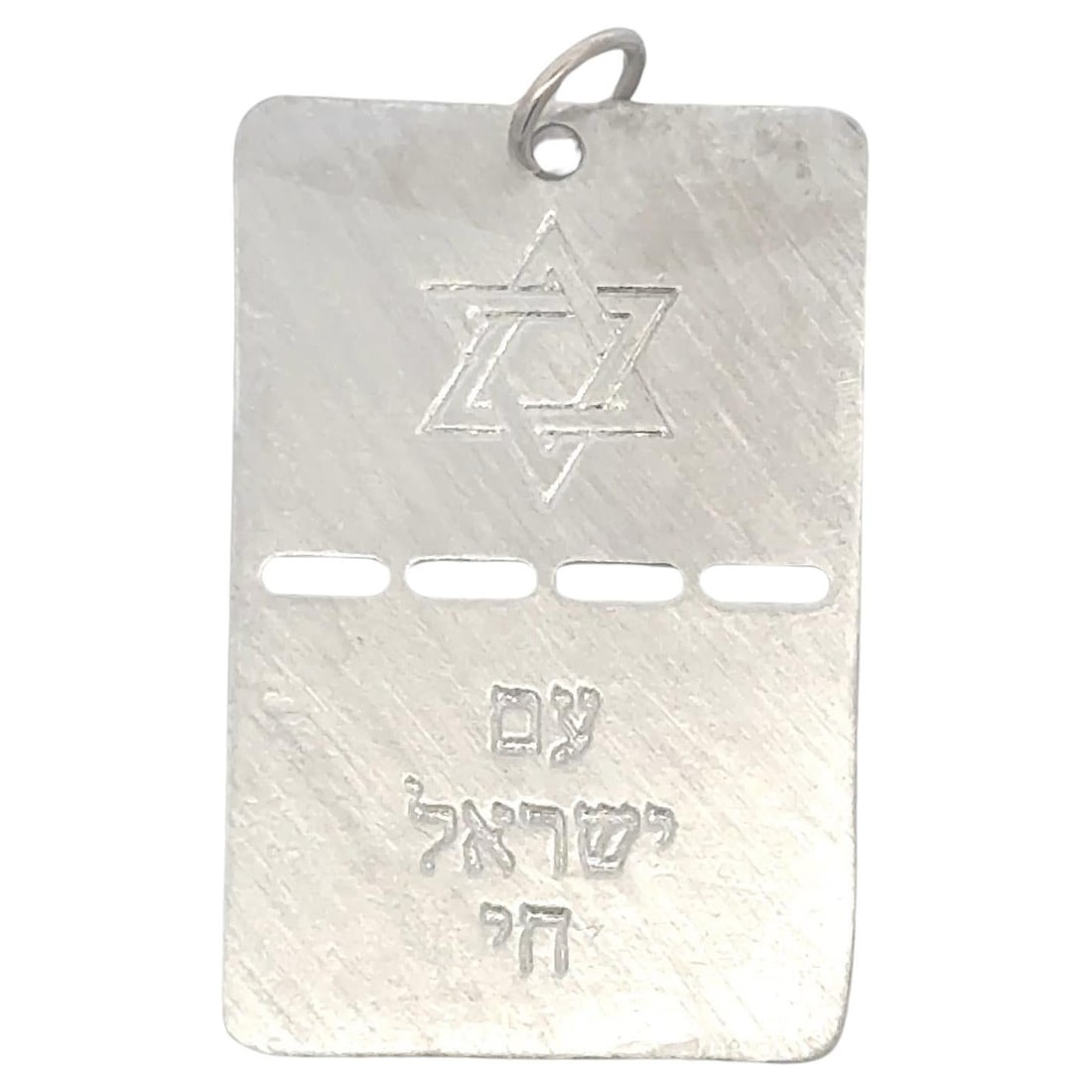 14k White Gold Star of David Am Israel Chai Pendant 5g: 14k White Gold Star of David Am Israel Chai Pendant 5g This Star of David Am Israel Chai dog tag pendant is crafted from 14 karat white gold and weighs 5 grams. The pendant features a contemporary des