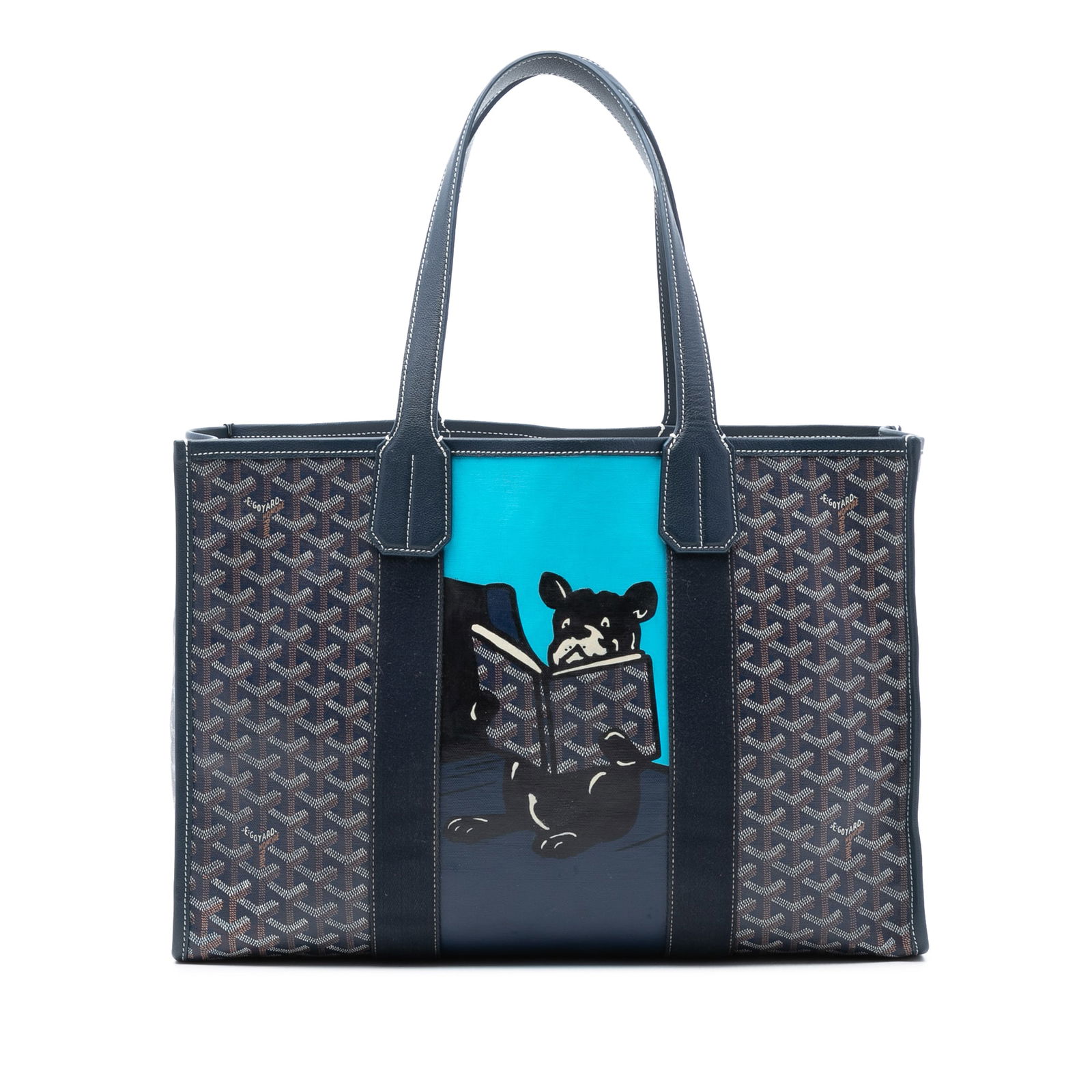Goyard Goyardine Villette MM Blue Coated Canvas Tote Bag France: Goyard Goyardine Villette MM Blue Coated Canvas Tote Bag France This Goyardine Villette MM features a printed coated canvas body with leather trim, flat leather straps, and an open top. The bag is fin