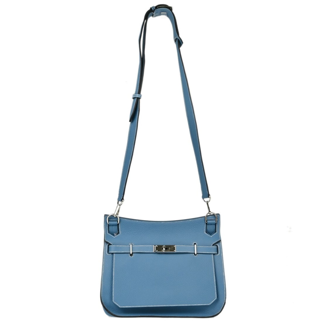 Hermes Leather Jypsiere Bag Blue 27cm by 23cm by 12cm: Hermes Leather Jypsiere Bag Blue 27cm by 23cm by 12cm Hermes Jypsiere bag crafted in blue Clemence leather, designed for women. This handbag measures 27cm x 23cm x 12cm and originates from France. It