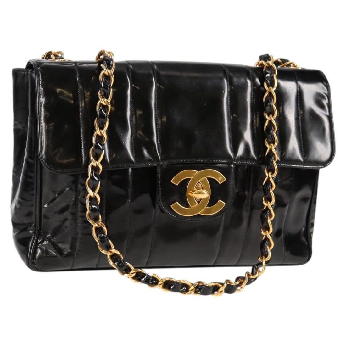 Chanel Black Patent Leather Vertical Quilted Vintage Single Flap Bag: Chanel Black Patent Leather Vertical Quilted Vintage Single Flap Bag This Chanel Vintage Classic Single Flap Bag features a black patent leather exterior with vertical quilting. Designed for women, th