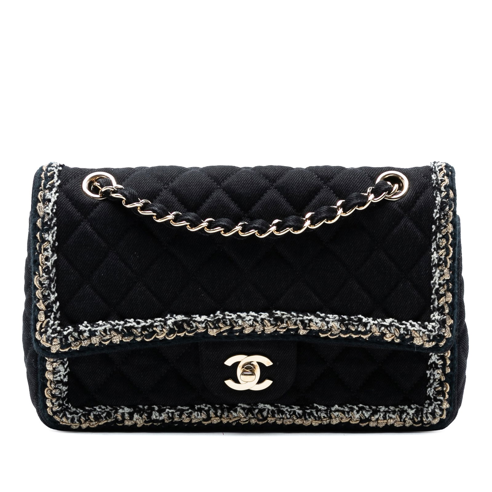 Chanel Medium Classic Denim Braided Flap Bag Black Fabric: Chanel Medium Classic Denim Braided Flap Bag Black Fabric This Chanel Medium Classic Denim Braided Single Flap shoulder bag is a stylish accessory featuring a denim body complemented by tweed trim. Th