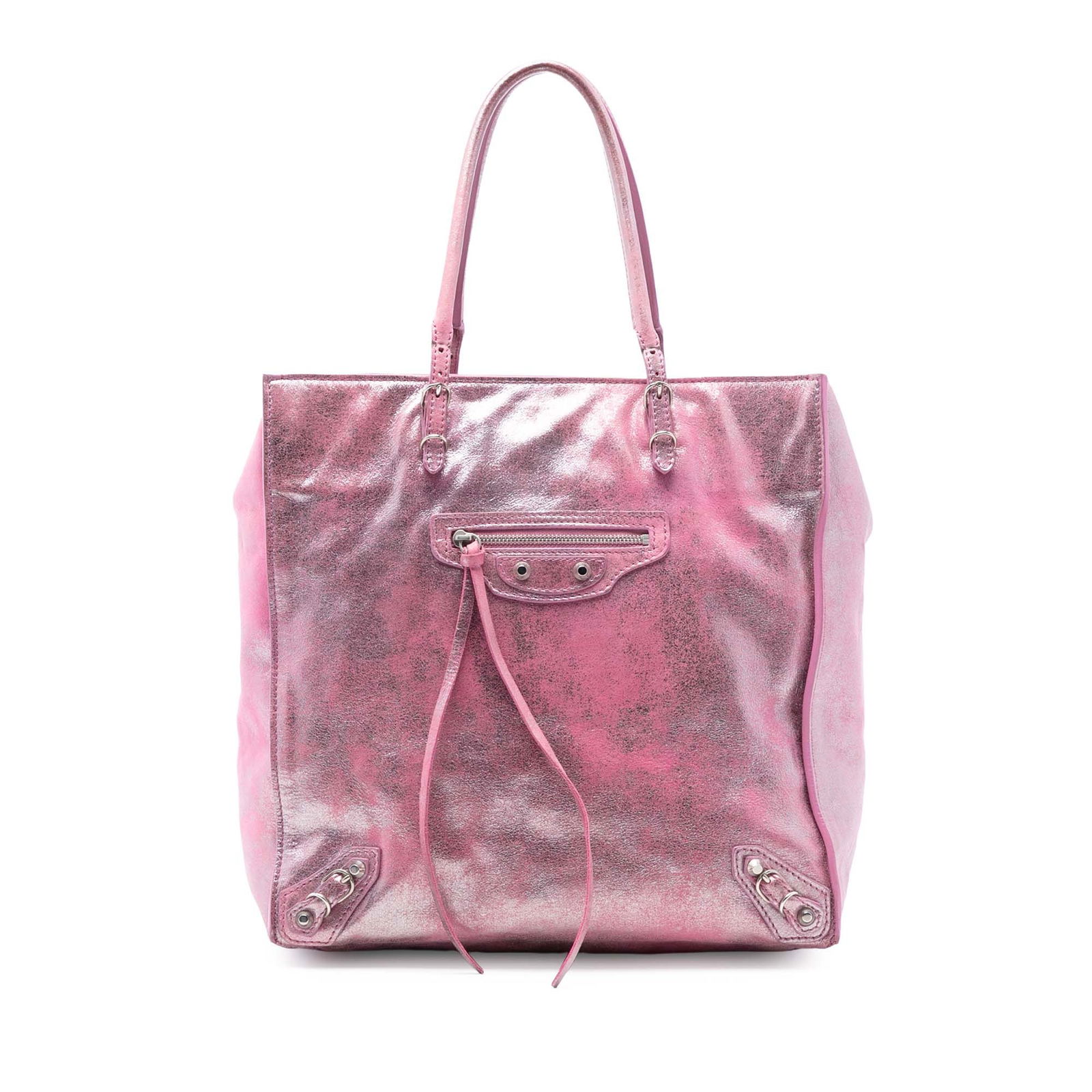 Pink Metallic Leather Balenciaga Papier A5 Tote Bag with Front Zip Pocket: Pink Metallic Leather Balenciaga Papier A5 Tote Bag with Front Zip Pocket This Balenciaga Metallic Leather Papier A5 Tote features a pink metallic leather body with rolled leather handles, an open top