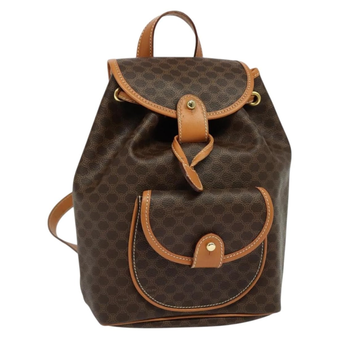 Celine Macadam Brown PVC Leather Vintage Backpack Bag: Celine Macadam Brown PVC Leather Vintage Backpack Bag This Celine Vintage Macadam Backpack features brown PVC canvas with leather accents, designed for women. The bag shows signs of gentle use, with m