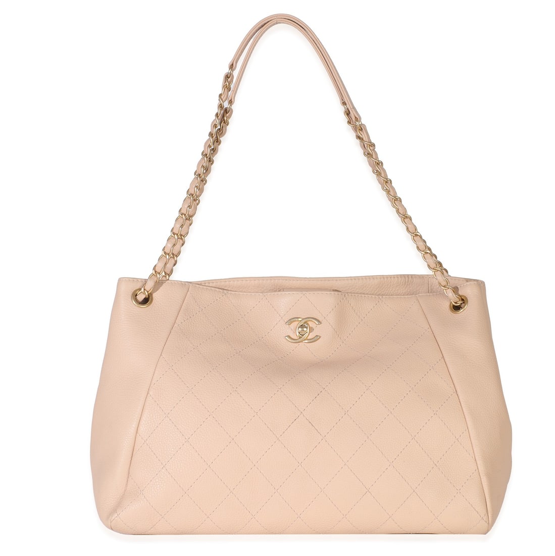 Beige Quilted Leather Rock Shopping Tote Bag by Chanel with Dustbag: Beige Quilted Leather Rock Shopping Tote Bag by Chanel with Dustbag This Chanel Rock Shopping Tote features a beige quilted supple calfskin leather exterior with a classic turnlock closure. The bag is