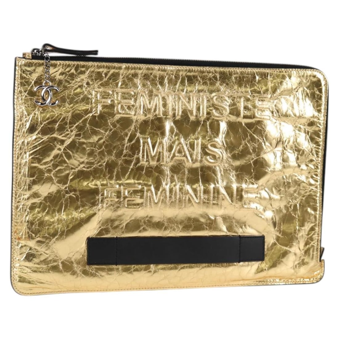 Gold Leather Feminine Pouch by Chanel 36cm x 26cm x 26cm: Gold Leather Feminine Pouch by Chanel 36cm x 26cm x 26cm This Chanel Feminine Pouch is crafted from gold-colored crinkled leather, designed for women. It features a spacious interior with pockets, com