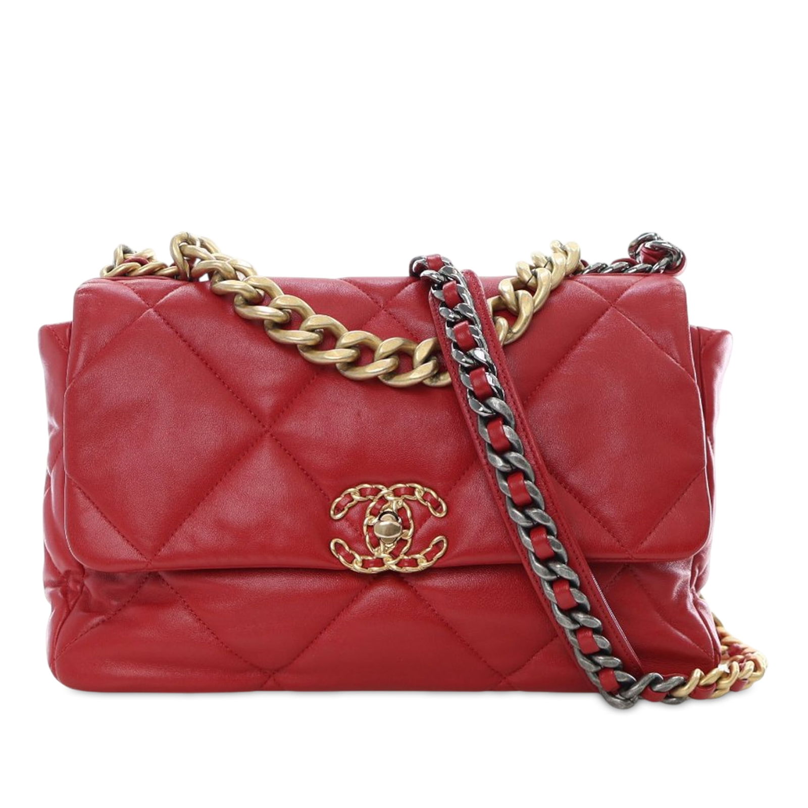 Red Chanel 19 Quilted Lambskin Large Flap Shoulder Bag with Gold Chain (1 of 12)