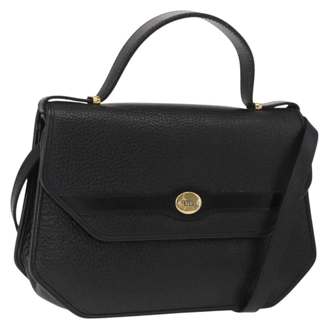 Black Leather 2way Christian Dior Handbag with Gold Accents and Strap (1 of 18)