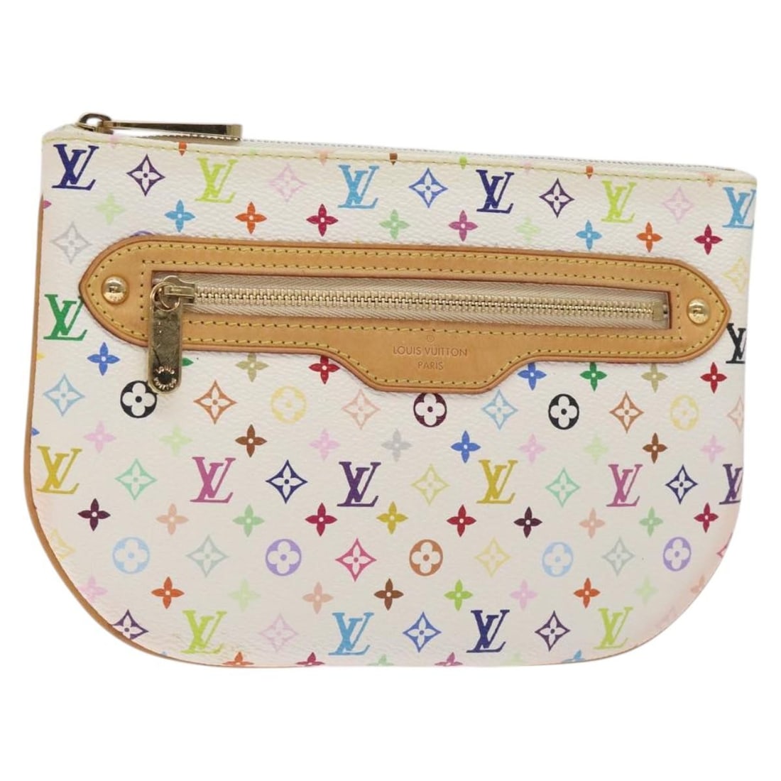Pochette GM White Canvas Handbag by Louis Vuitton: Pochette GM White Canvas Handbag by Louis Vuitton The Louis Vuitton Pochette GM is a women's handbag crafted from white canvas featuring the classic Monogram Multicolor pattern. This elegant accessory