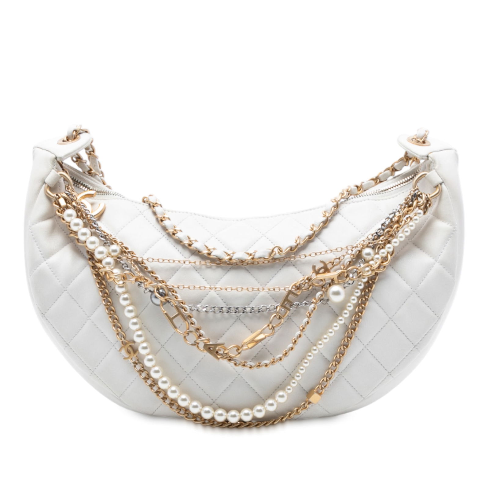 White Chanel All About Chains Quilted Lambskin Hobo Bag with Chain Strap (1 of 8)