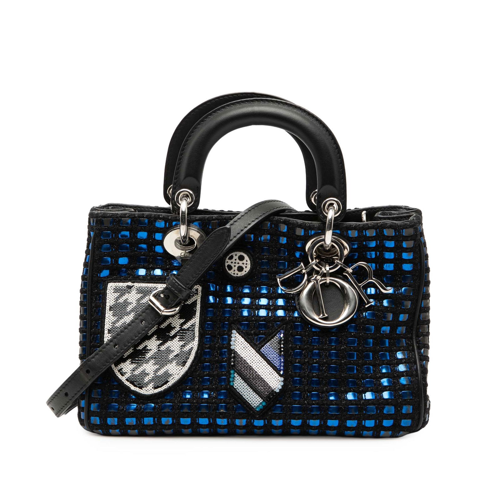 Dior Lady Dior Small Metallic Tweed Tote with Patch Detail: Dior Lady Dior Small Metallic Tweed Tote with Patch Detail This Lady Dior Small Tweed Patch Diorissimo Tote features a metallic tweed fabric in blue, flat handles, an adjustable flat strap, an open to