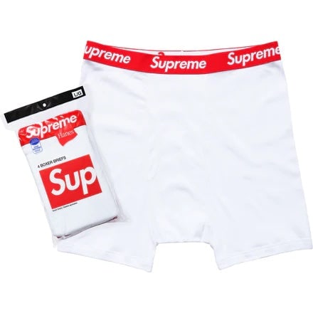 Large White Boxer Briefs Set of 4 Supreme Hanes Collaboration: Large White Boxer Briefs Set of 4 Supreme Hanes Collaboration This is an authentic 4-pack of Supreme x Hanes white boxer briefs. The boxer briefs are un-used and in unworn condition. Size: Large. Spec