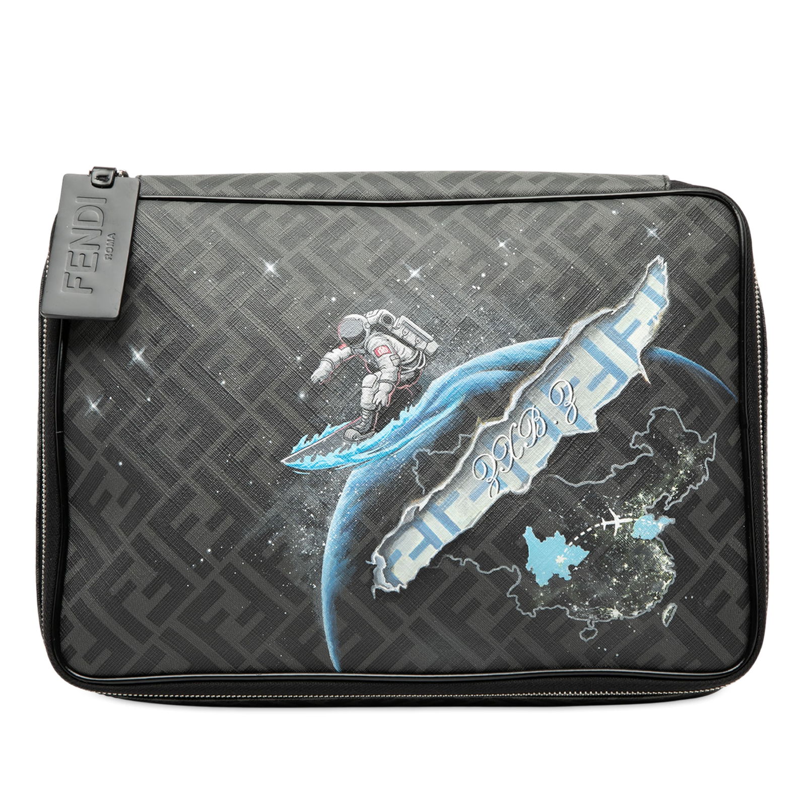 Fendi Zucca Astronaut Print Coated Canvas Zip Clutch Bag: Fendi Zucca Astronaut Print Coated Canvas Zip Clutch Bag This Fendi Zucca clutch is crafted from printed coated canvas and features a zip-around closure. The design showcases a distinctive surfing ast