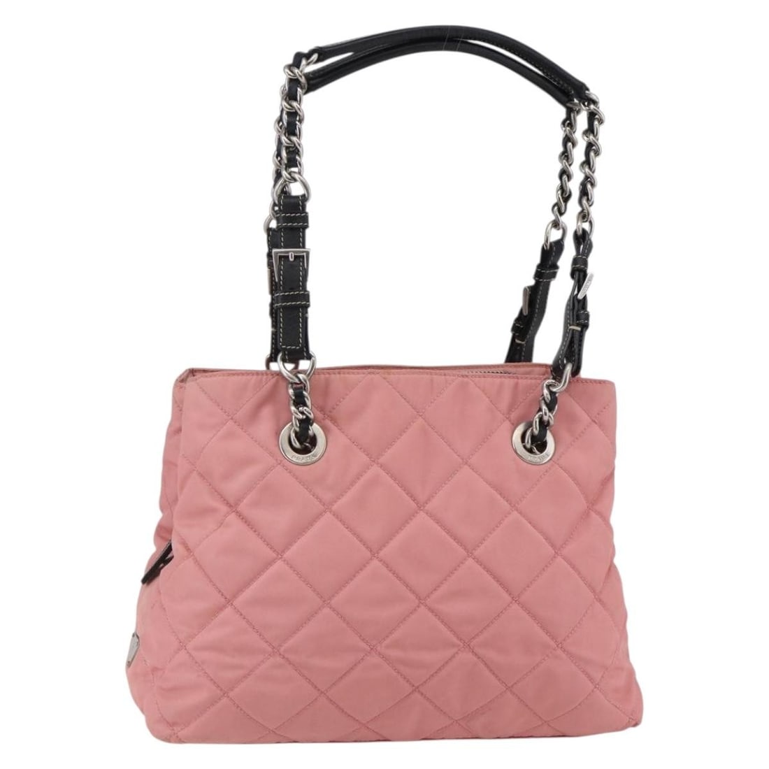 PRADA Pink Silver Quilted Chain Tote Bag Nylon Made in Italy: PRADA Pink Silver Quilted Chain Tote Bag Nylon Made in Italy This PRADA Quilted Chain Tote Bag is a stylish accessory crafted from high-quality nylon in a vibrant pink and silver colorway. It features