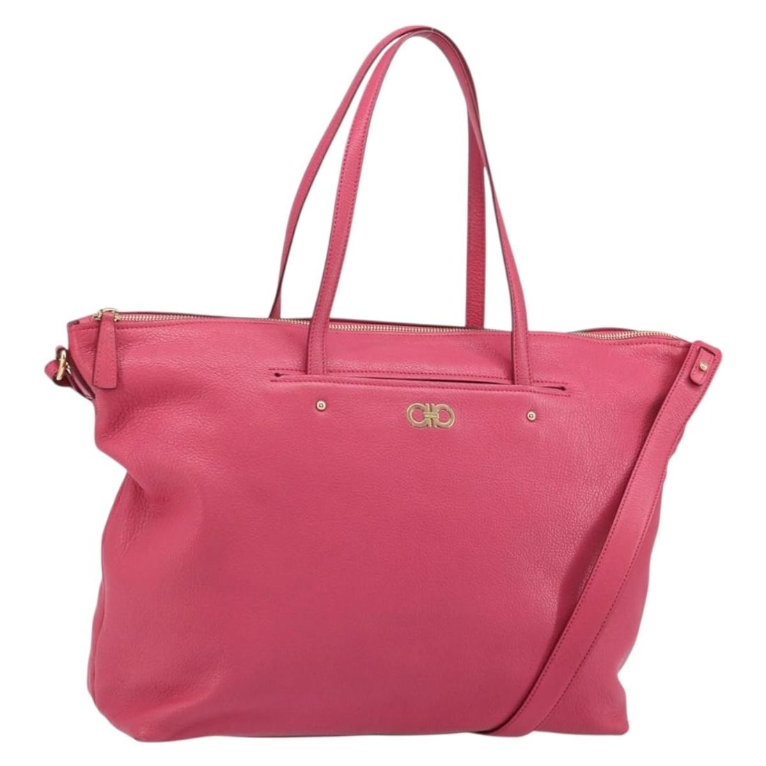 Pink Leather Gancini Tote with Gold Tone by Salvatore Ferragamo: Pink Leather Gancini Tote with Gold Tone by Salvatore Ferragamo This Salvatore Ferragamo Gancini tote bag is crafted from pink and gold leather and features both shoulder and handle carrying options.