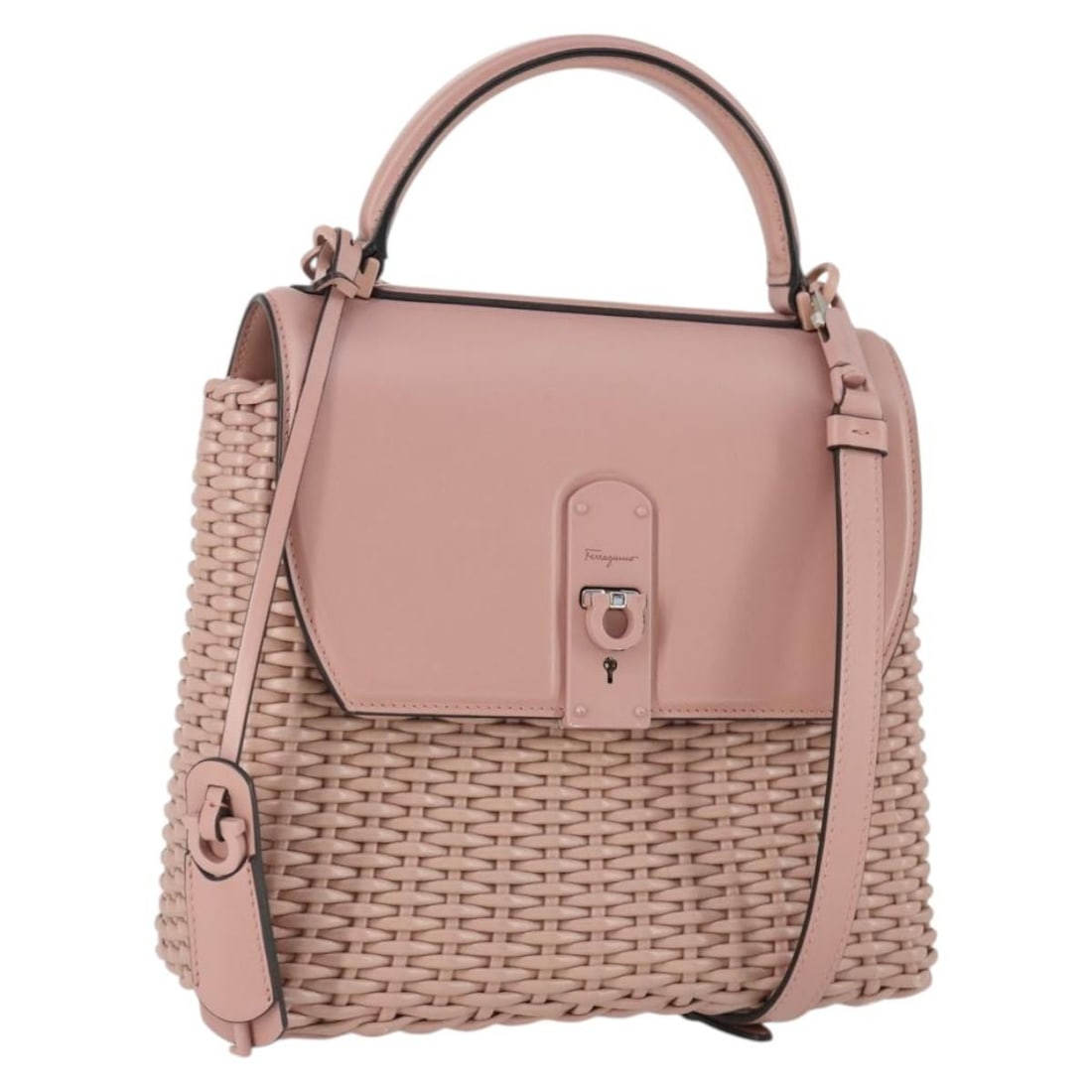 Pink Leather Salvatore Ferragamo Gancini 2way Handbag with Strap: Pink Leather Salvatore Ferragamo Gancini 2way Handbag with Strap This Salvatore Ferragamo Gancini handbag features pink leather construction with a 2-way carrying option including a handle and shoulde
