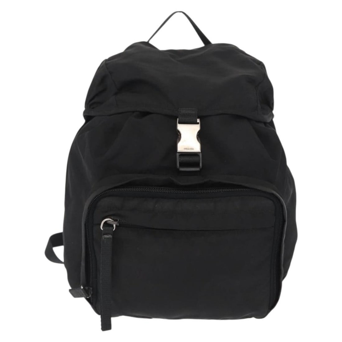 Black Nylon Prada Backpack with Single Buckle Pocket: Black Nylon Prada Backpack with Single Buckle Pocket This Prada Single Buckle Pocket Backpack is crafted from durable black nylon and designed for unisex use. Made in Italy, it features a practical si