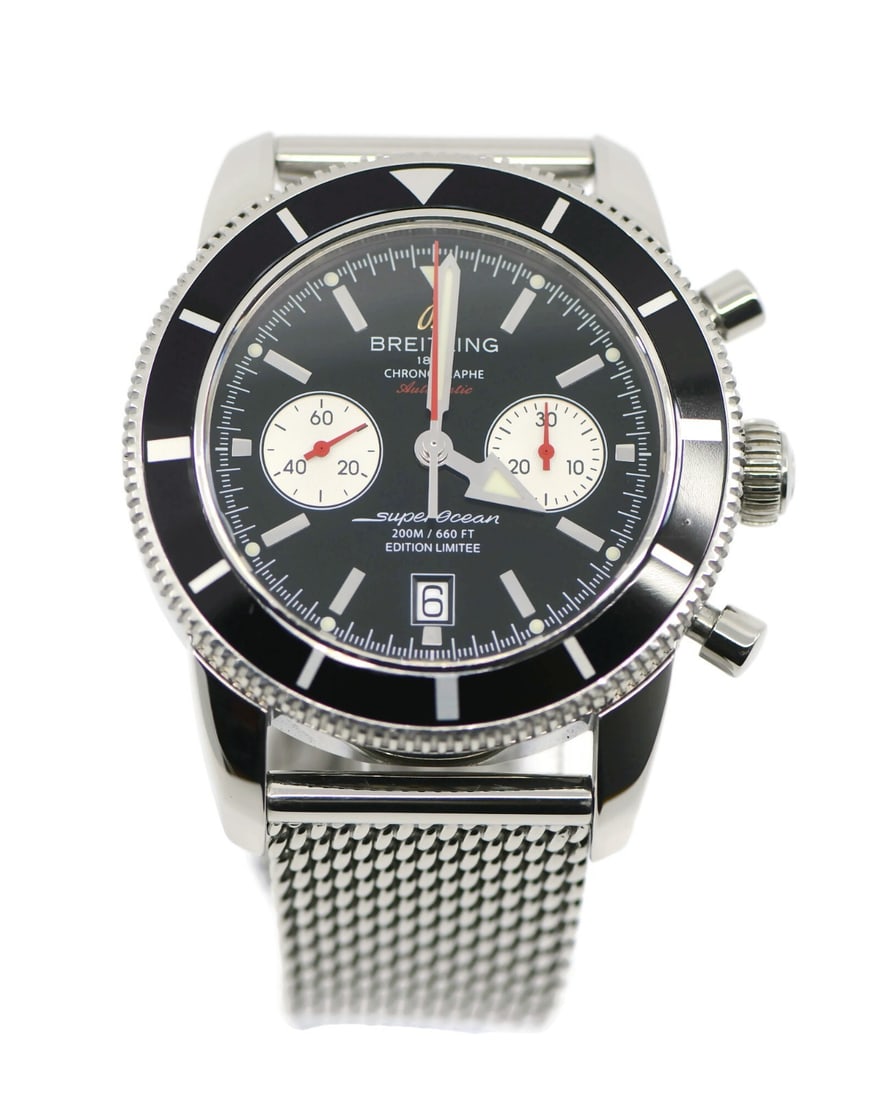 Superocean Heritage 46mm Automatic Wristwatch by Breitling A23320 with Box and Papers: Superocean Heritage 46mm Automatic Wristwatch by Breitling A23320 with Box and Papers This Breitling Superocean Heritage wristwatch features a 46 mm stainless steel case and a black analog dial. It is