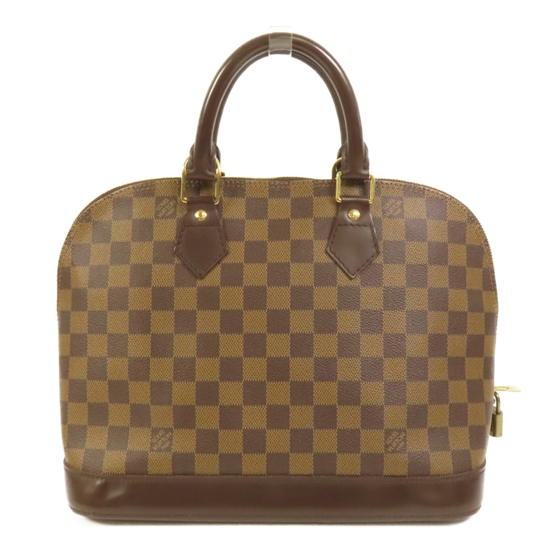 Louis Vuitton Alma Brown Damier Canvas Handbag with Gold Tone Hardware: Louis Vuitton Alma Brown Damier Canvas Handbag with Gold Tone Hardware This Louis Vuitton Alma handbag features the iconic Damier pattern in brown PVC coated canvas and is accented with gold tone hard