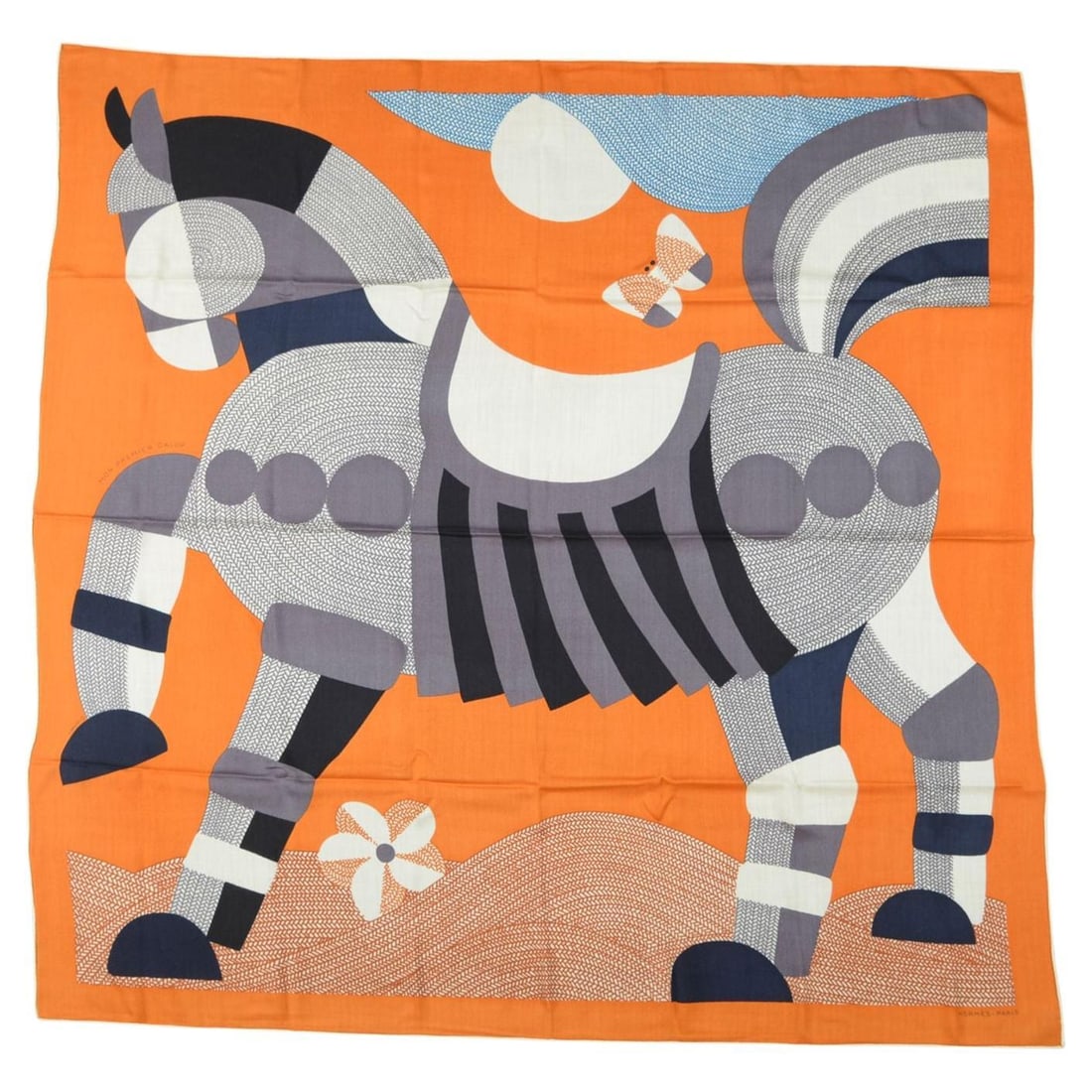 Mon Premier Galop Orange Cashmere Scarf with Foal and Butterfly Design: Mon Premier Galop Orange Cashmere Scarf with Foal and Butterfly Design The Hermes "Mon Premier Galop" cashmere shawl features an orange colorway with a charming design depicting a foal taking its firs