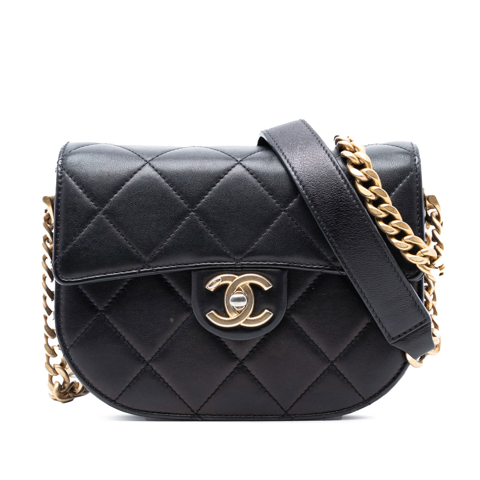 Chanel Mini Round Moon Quilted Leather Crossbody Bag with CC Flap: Chanel Mini Round Moon Quilted Leather Crossbody Bag with CC Flap This Chanel Mini CC Quilted Shiny Calfskin Round Moon Messenger Flap bag features a quilted leather body in black, a chain link should