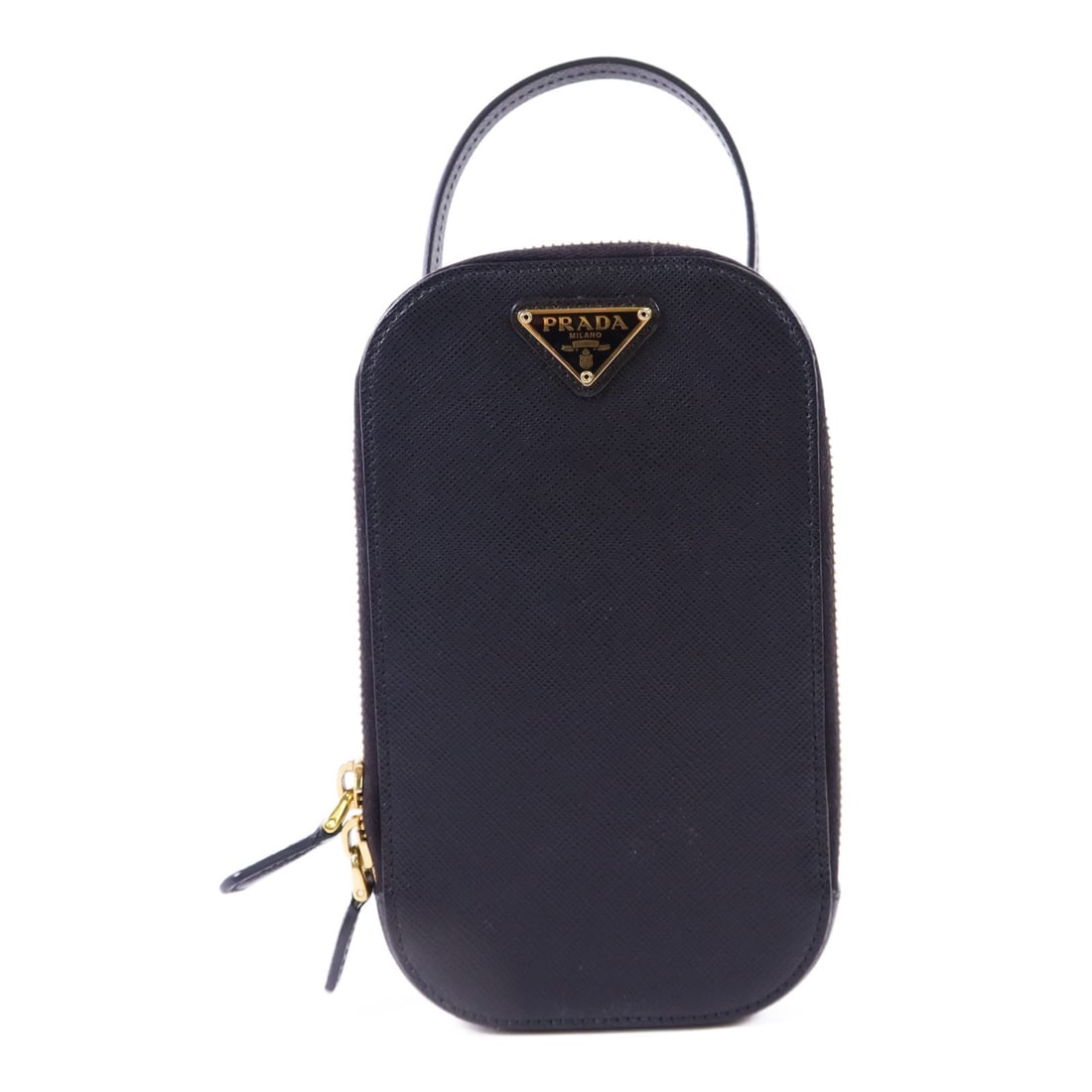 Prada Saffiano Black Calfskin Handbag with Gold Tone Hardware: Prada Saffiano Black Calfskin Handbag with Gold Tone Hardware This Prada handbag features a black calfskin leather exterior and is designed in a compact style, suitable for carrying a phone. The bag i