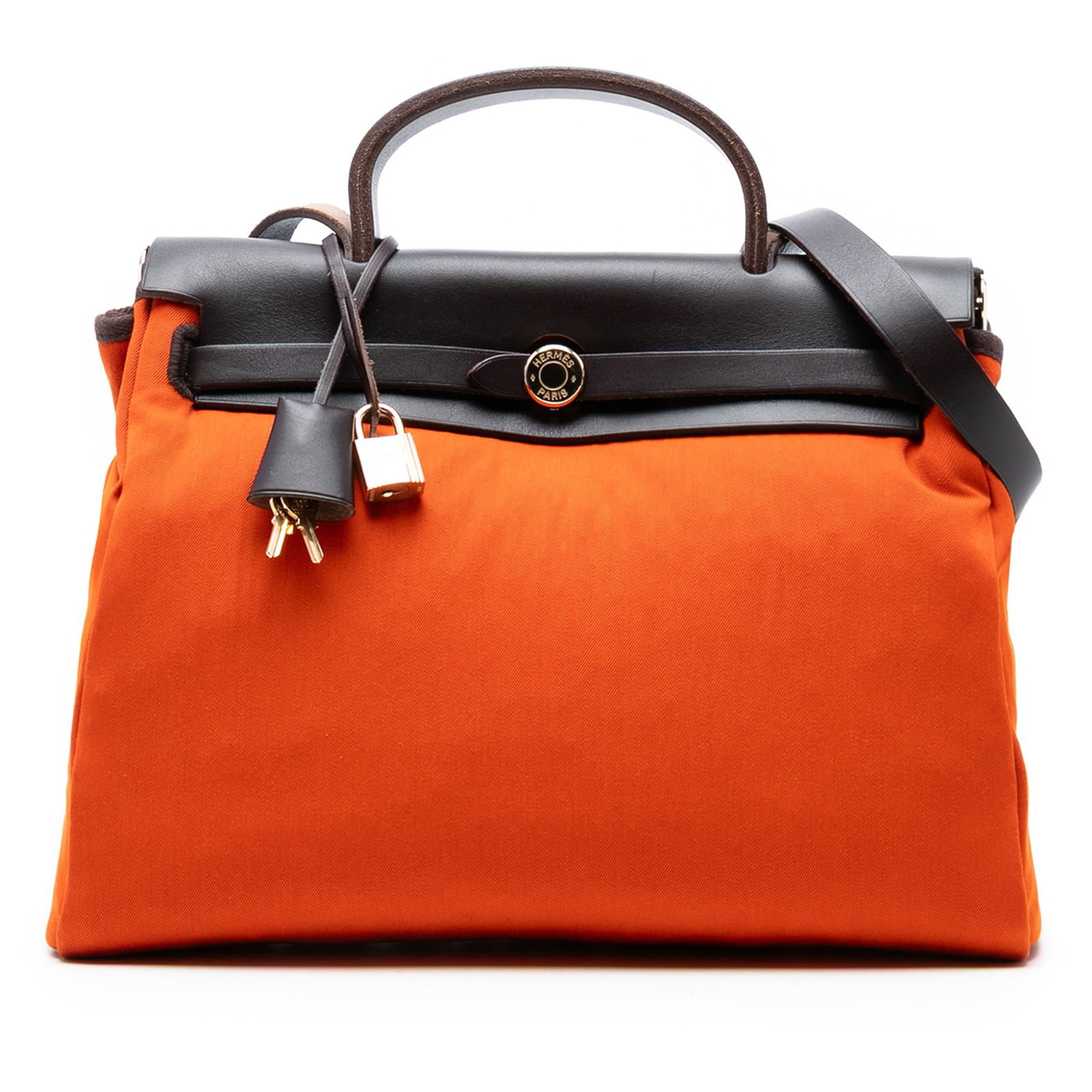 Hermes Toile Herbag Zip 31 Orange Canvas Leather Bag: Hermes Toile Herbag Zip 31 Orange Canvas Leather Bag The Hermes Toile Herbag Zip 31 is a stylish and versatile bag crafted from durable canvas with leather trim. It features a clochette, a flat leathe