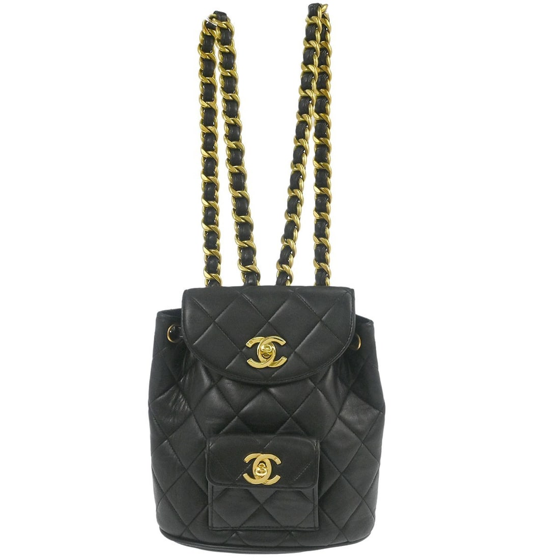 Chanel Duma Small Black Lambskin Mini Backpack with Chain Strap: Chanel Duma Small Black Lambskin Mini Backpack with Chain Strap This Chanel Duma backpack in a mini size is crafted from black lambskin leather with a matching black leather lining. It features a draw