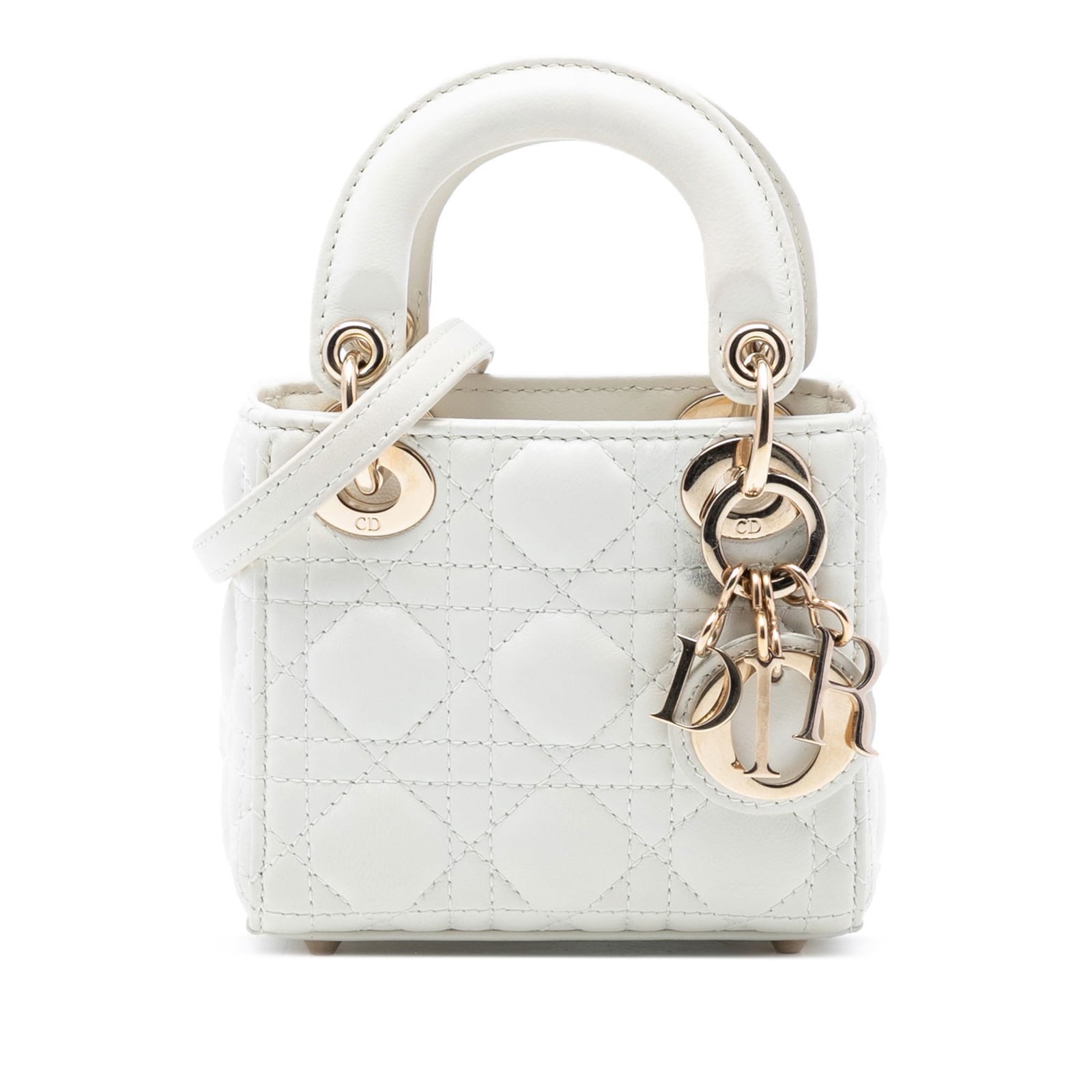 Dior Lady Dior Micro Bag in White Quilted Lambskin Cannage: Dior Lady Dior Micro Bag in White Quilted Lambskin Cannage This Micro Lady Dior bag showcases a quilted lambskin leather body in white, complemented by flat leather top handles and a detachable flat l