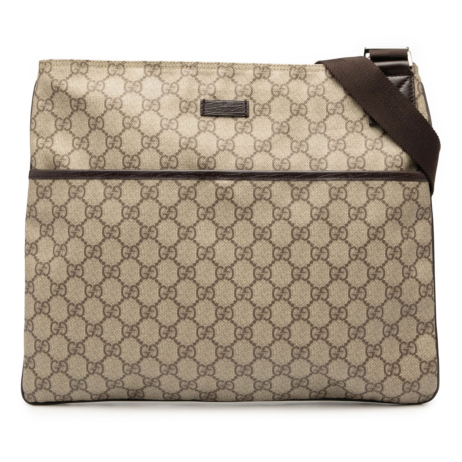 Brown Gucci GG Supreme Canvas Crossbody Bag with Leather Trim: Brown Gucci GG Supreme Canvas Crossbody Bag with Leather Trim This Gucci GG Supreme Crossbody bag features a coated canvas body with leather trim, an adjustable flat canvas shoulder strap, a top zip c