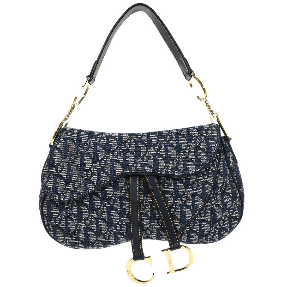Dior Saddle Navy Canvas and Leather Double Shoulder Bag RU1002: Dior Saddle Navy Canvas and Leather Double Shoulder Bag RU1002 This Christian Dior Navy Trotter Double Saddle handbag features a medium-sized design crafted from canvas leather in a classic navy color