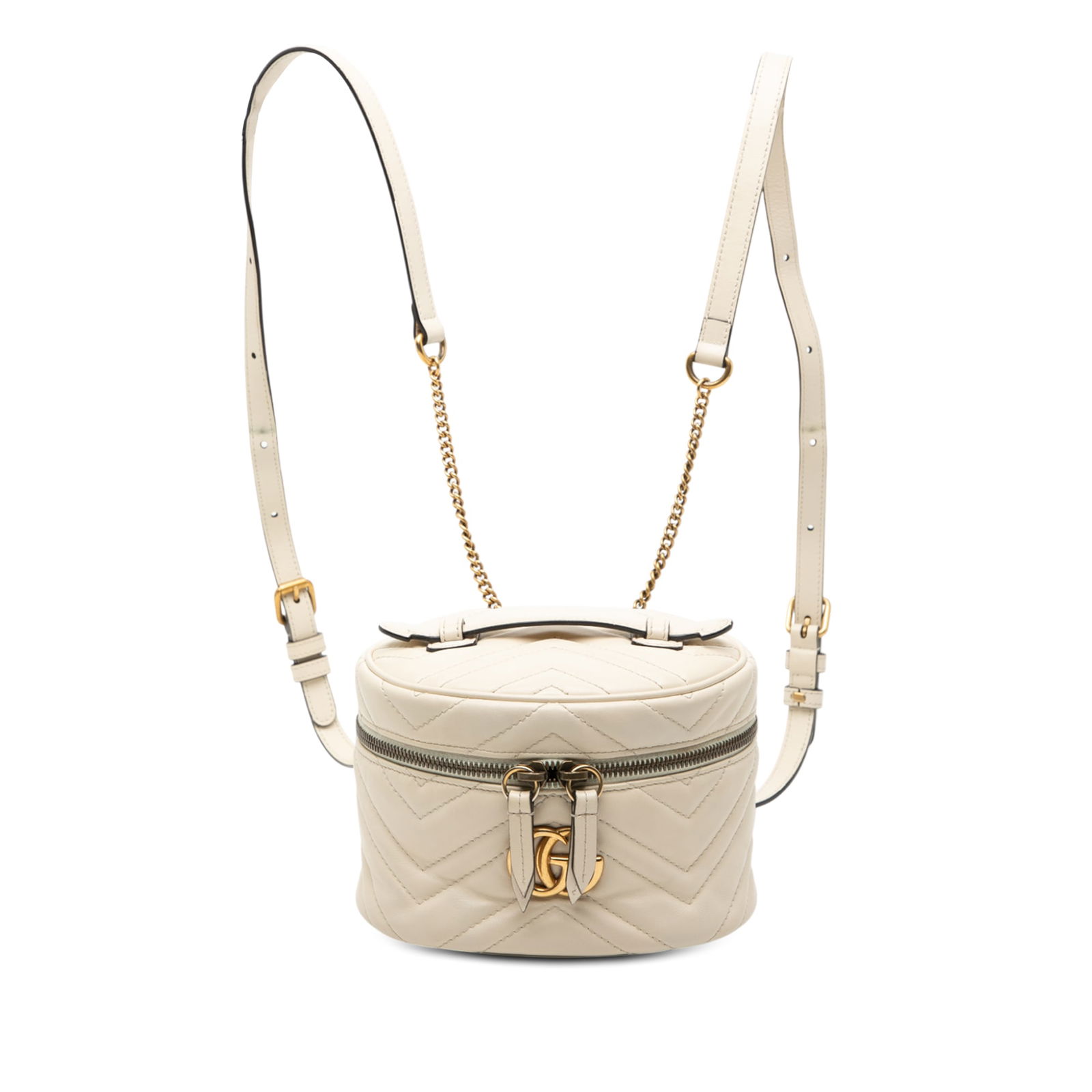 Mini GG Marmont White Quilted Leather Round Backpack by Gucci: Mini GG Marmont White Quilted Leather Round Backpack by Gucci This Gucci Mini GG Marmont Matelasse Leather Round Backpack features a quilted leather body in white, a flat leather top handle, chain and