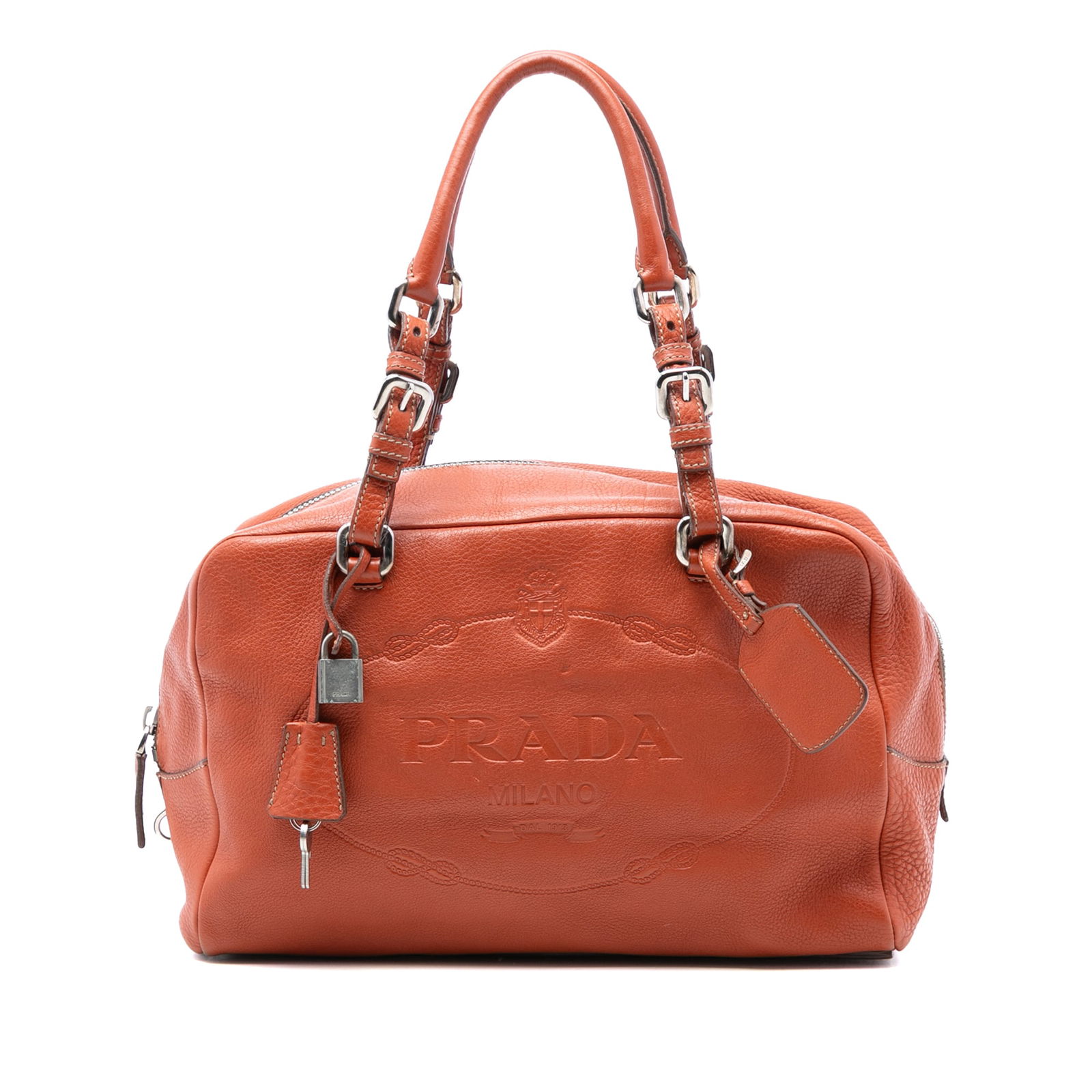 Red Leather Prada Vitello Daino Bauletto Handbag with Embossed Logo: Red Leather Prada Vitello Daino Bauletto Handbag with Embossed Logo This Prada Vitello Daino Embossed Logo Bauletto is crafted from red leather and features adjustable rolled leather handles, a top zi