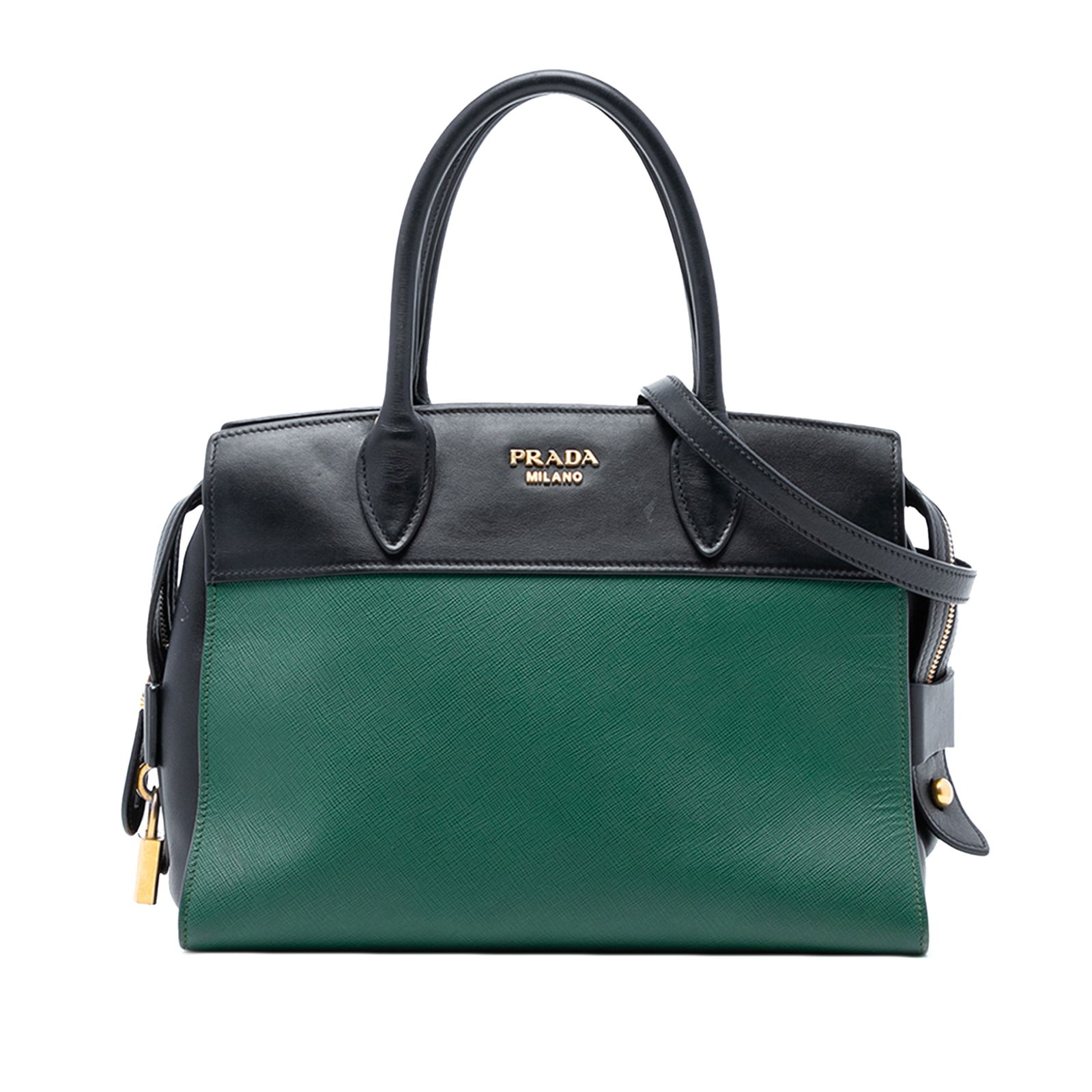 Prada Esplanade Green Leather Satchel with Detachable Strap: Prada Esplanade Green Leather Satchel with Detachable Strap This Prada Esplanade satchel is crafted from leather and features rolled leather handles, a detachable flat leather strap, a top zip closure