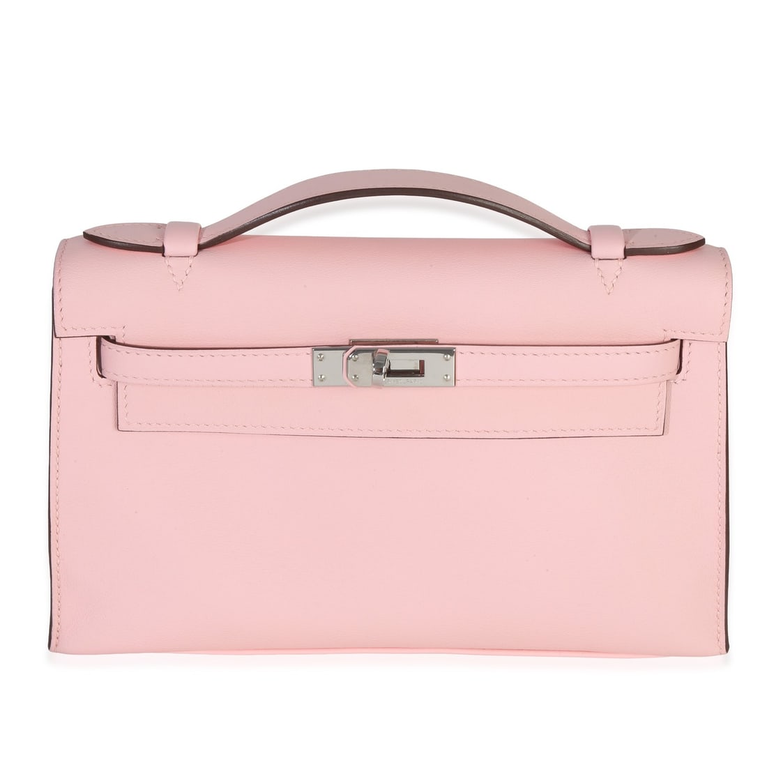 Hermes Kelly Pochette Swift Leather Pink Handbag with Silver Hardware: Hermes Kelly Pochette Swift Leather Pink Handbag with Silver Hardware This Hermes Kelly Pochette is crafted from Rose Sakura Swift leather, featuring a top handle design with silver-tone hardware and