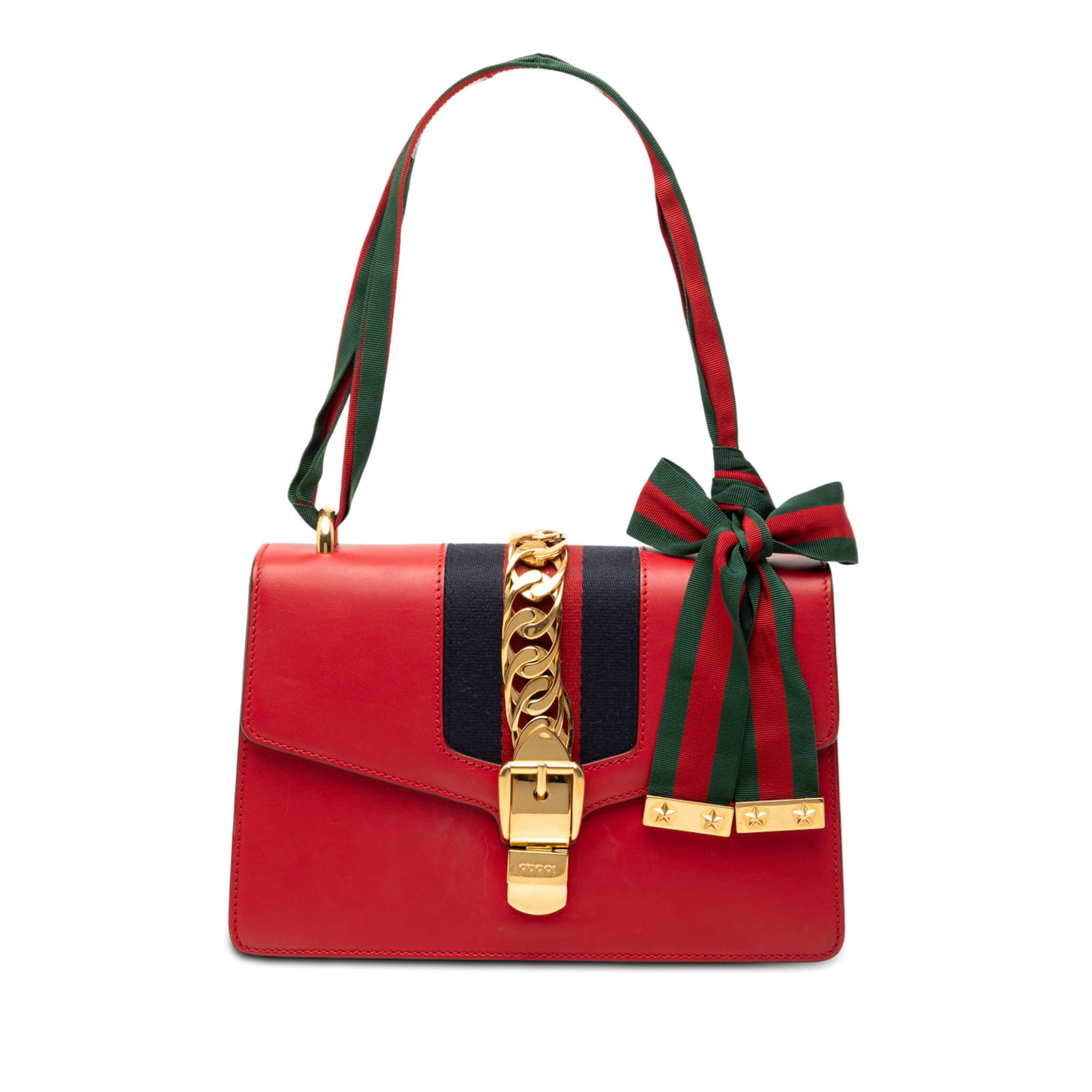 Gucci Sylvie Small Red Leather Satchel with Web Strap: Gucci Sylvie Small Red Leather Satchel with Web Strap This Gucci Small Leather Sylvie Web Satchel features a leather body with signature web detail, a detachable web canvas shoulder strap, a front fla