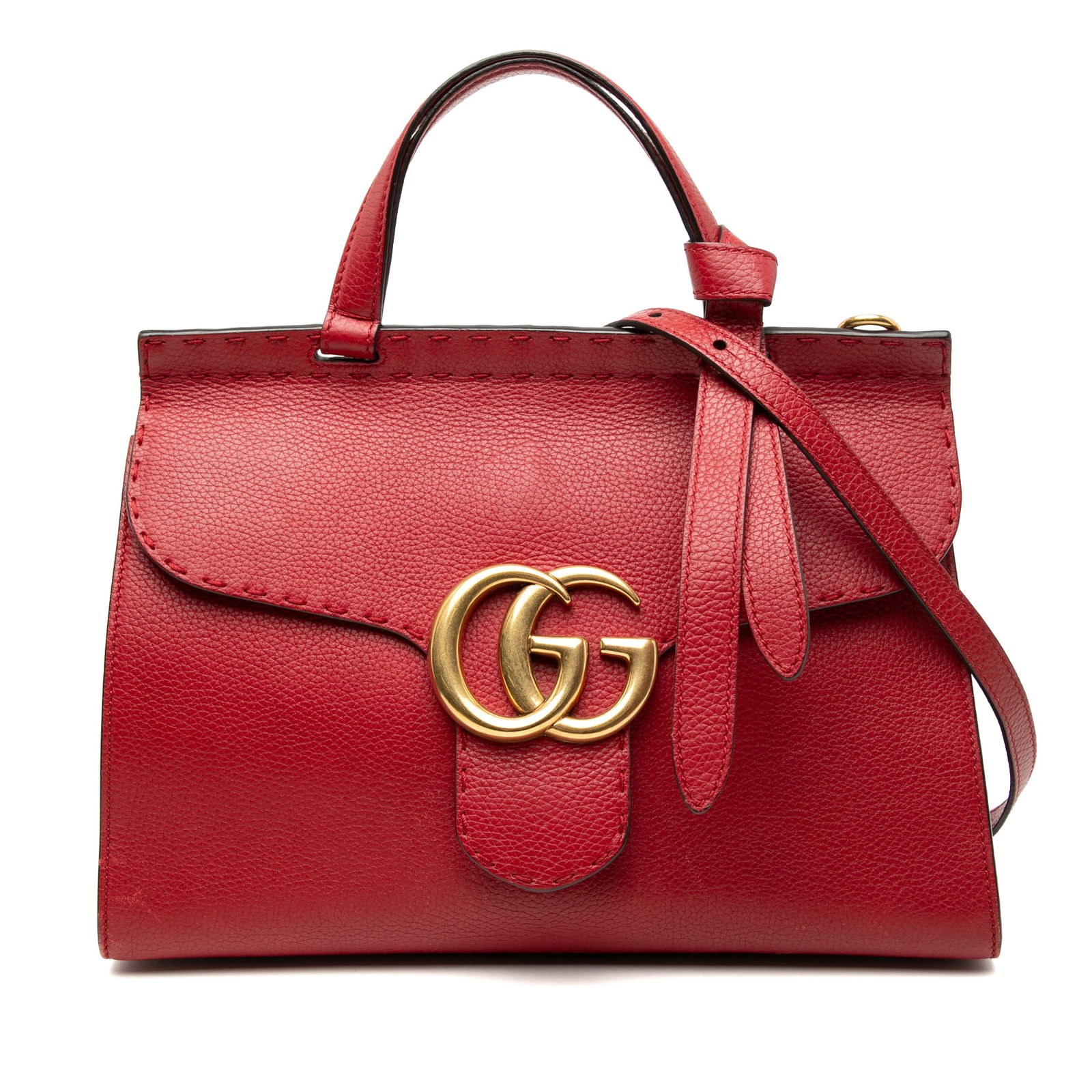 Red Gucci GG Marmont Medium Leather Satchel with Top Handle and Strap: Red Gucci GG Marmont Medium Leather Satchel with Top Handle and Strap This Gucci Medium GG Marmont satchel is crafted from red grained leather and features a structured silhouette with a flat leather
