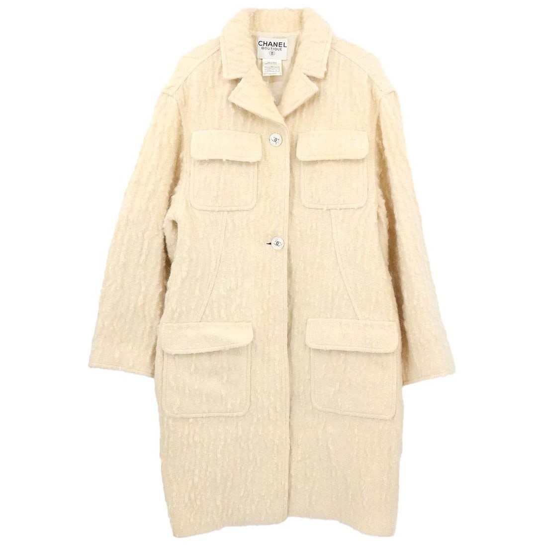 Long Overcoat in Off-White Mohair Wool Silk Blend Chanel 98A Size FR 34: Long Overcoat in Off-White Mohair Wool Silk Blend Chanel 98A Size FR 34 This Chanel long overcoat features an elegant off-white color and is crafted from a luxurious blend of 39% mohair, 39% wool, and